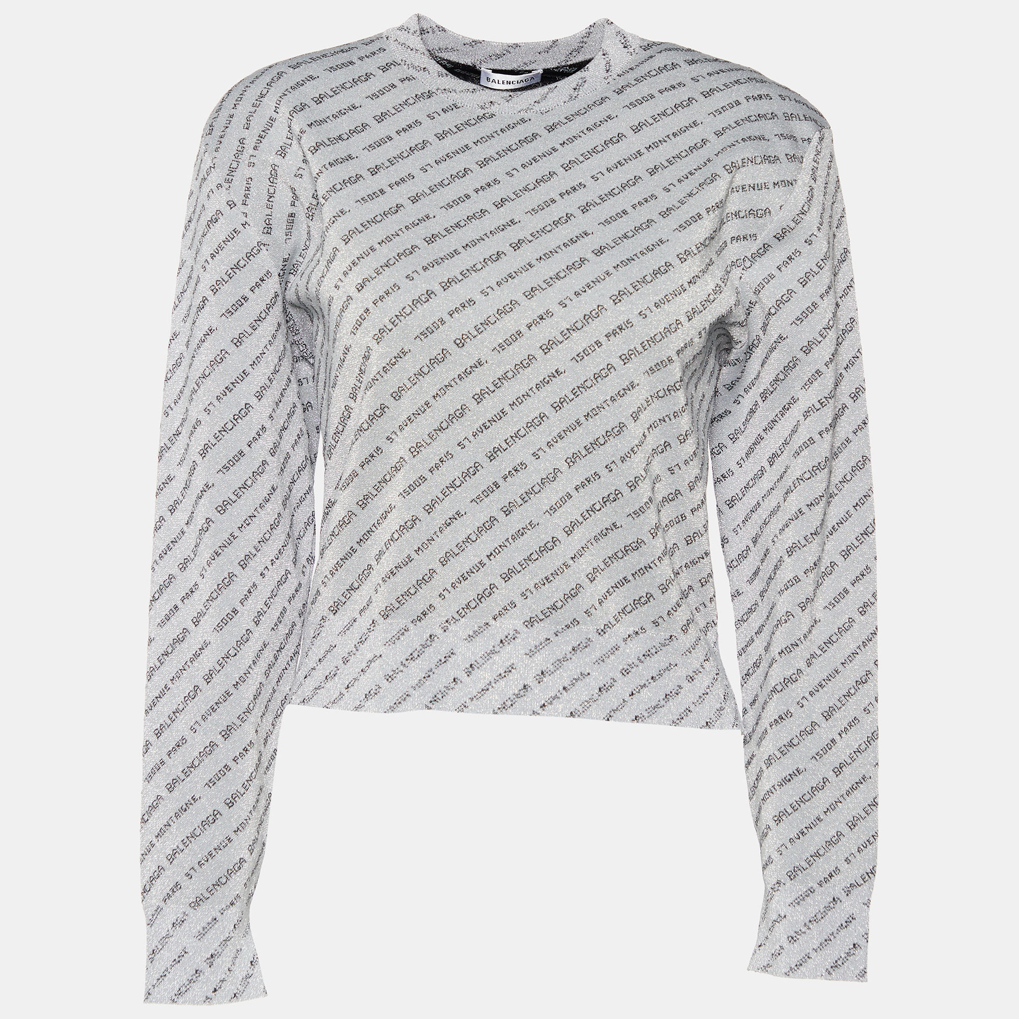 Pre-owned Balenciaga Silver All Over Logo Lurex Knit Crewneck Sweater M