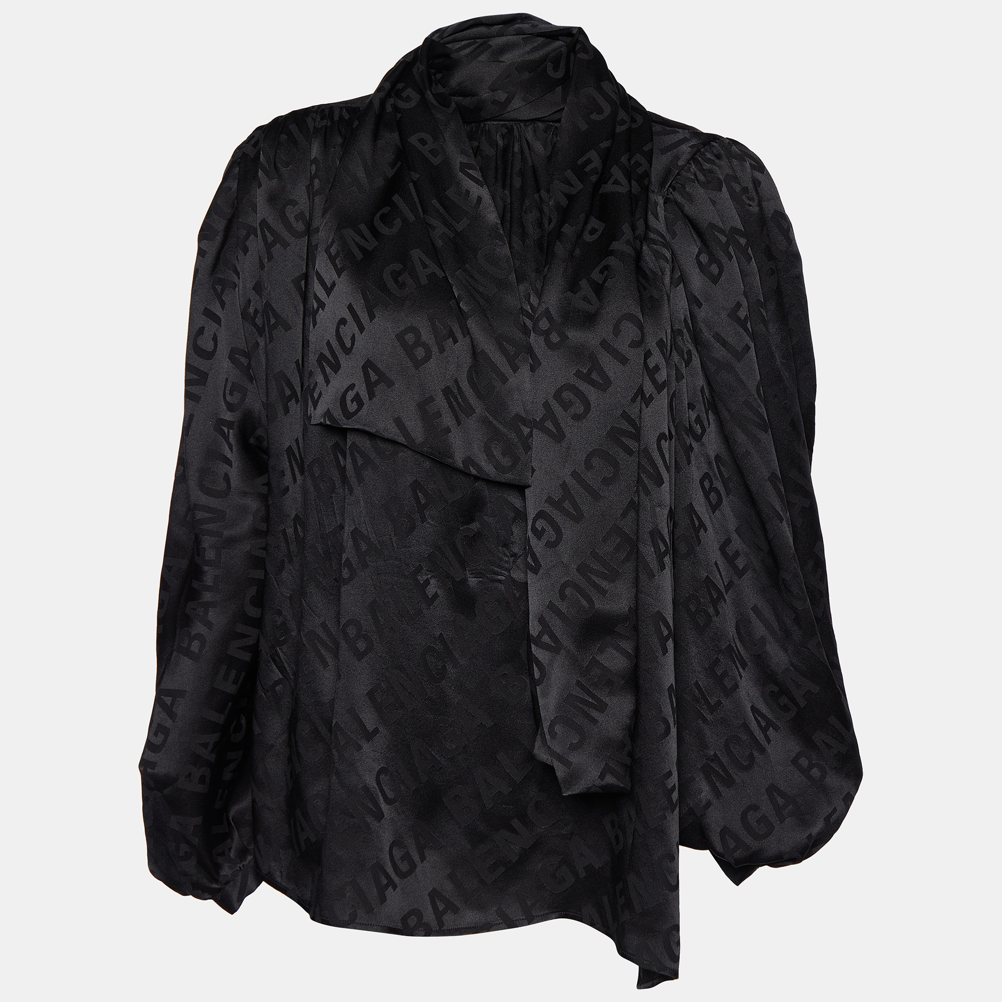 Pre Owned Balenciaga Black All Over Logo Silk Satin Neck Tie Detail Oversized Shirt S