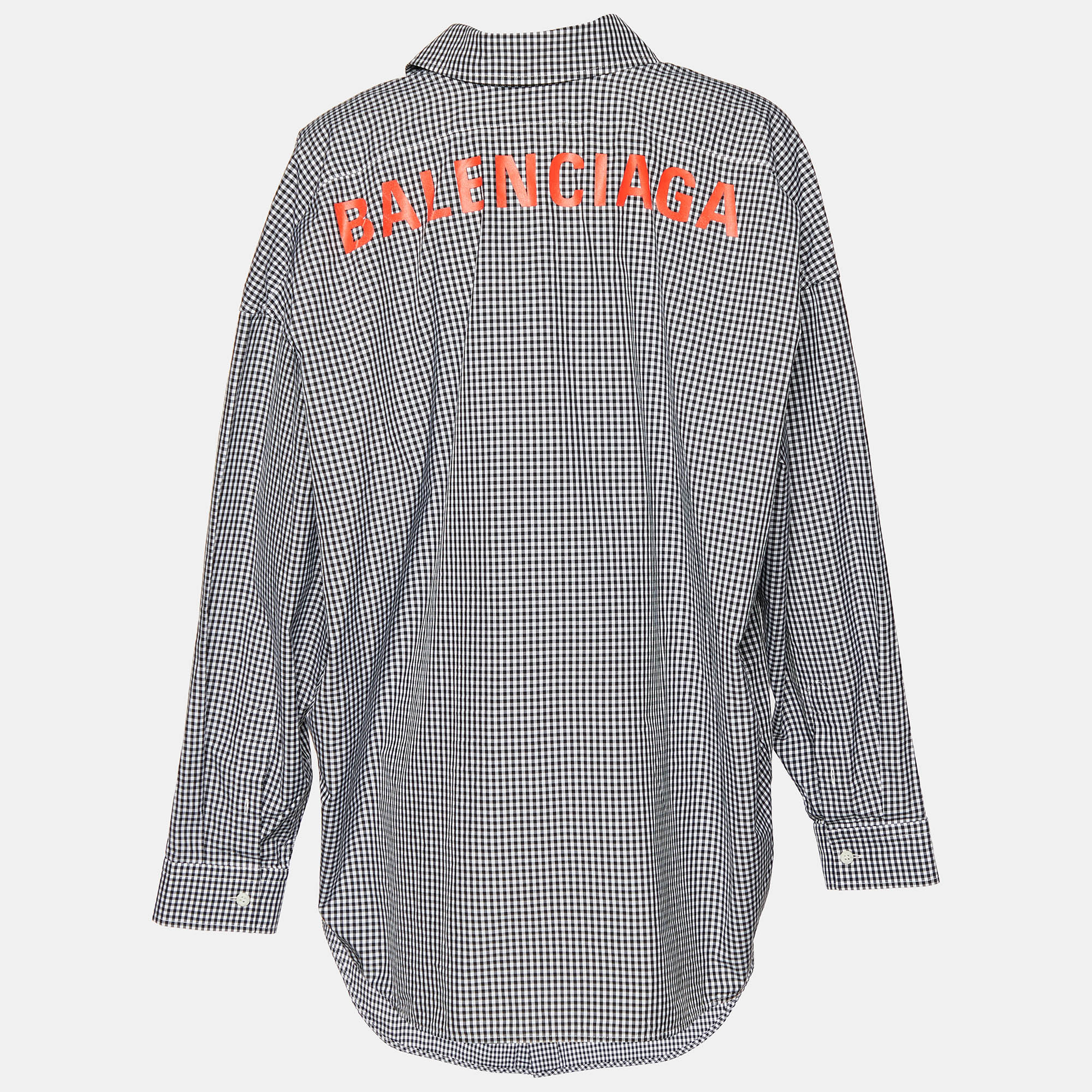 

Balenciaga Black Checkered Cotton Logo Printed Oversized Shirt