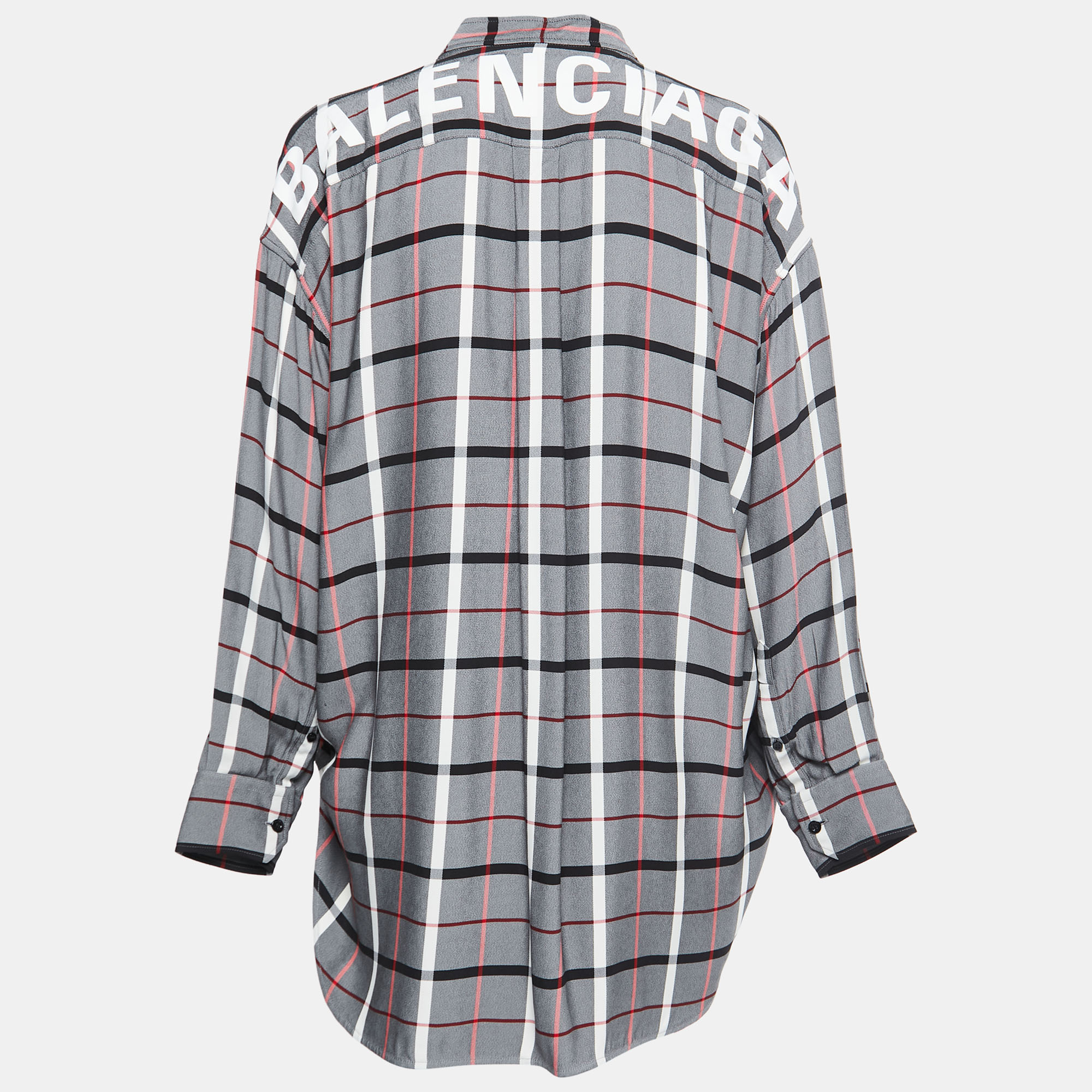 

Balenciaga Grey Checked Crepe Oversized Tie-Neck Top