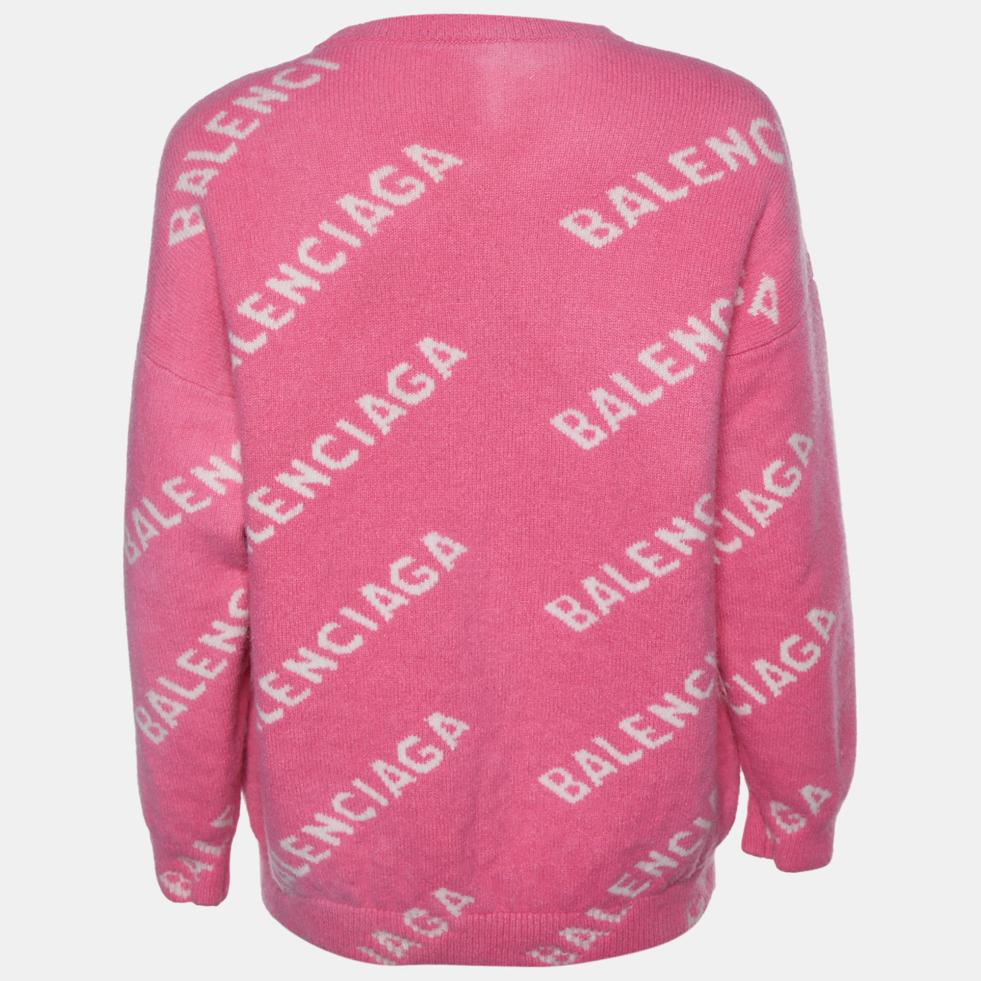 

Balenciaga Pink Logo Intarsia Knit Wool Oversized Sweater