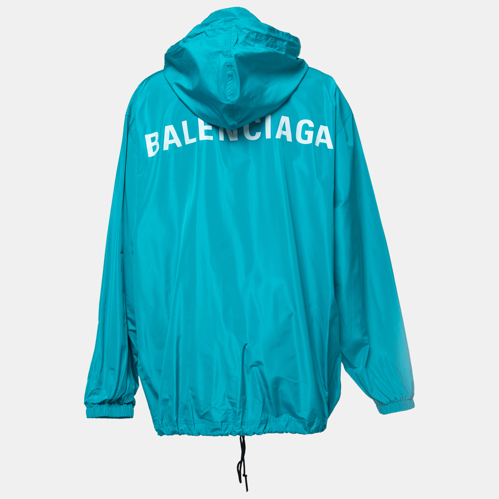 

Balenciaga Turquoise Blue Logo Printed Synthetic Oversized Hooded Windbreaker Jacket