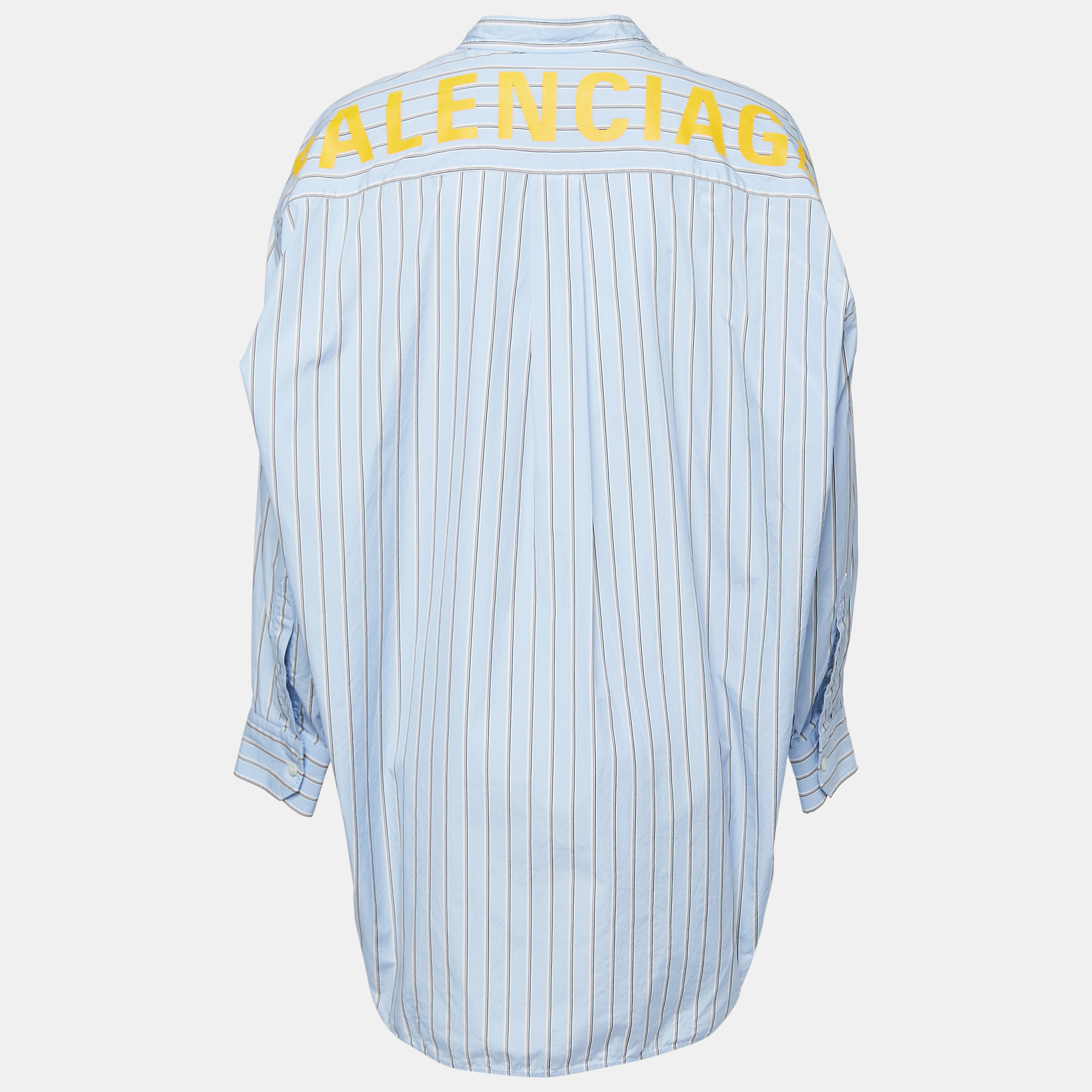 

Balenciaga Light Blue Striped Cotton Logo Print Oversized Shirt