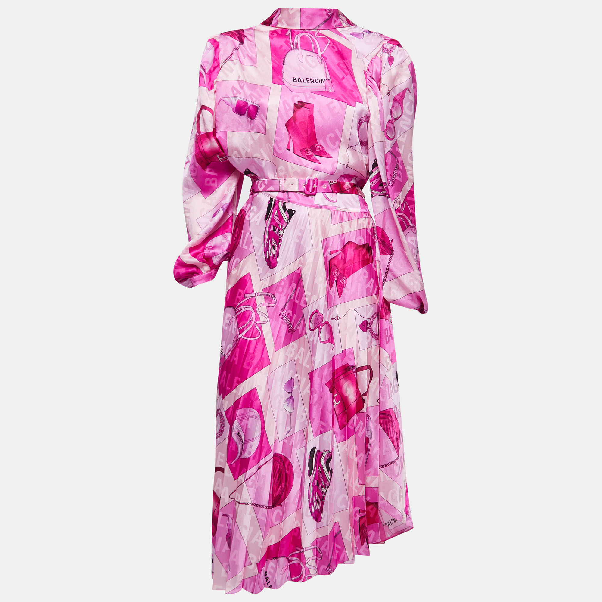 

Balenciaga Pink Printed Silk Twisted Asymmetrical Pleated Midi Dress