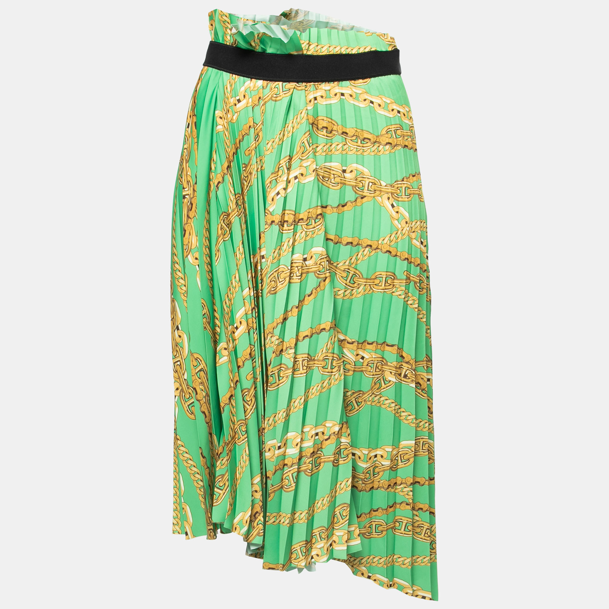 

Balenciaga Green Chain Printed Satin Pleated Asymmetrical Midi Skirt