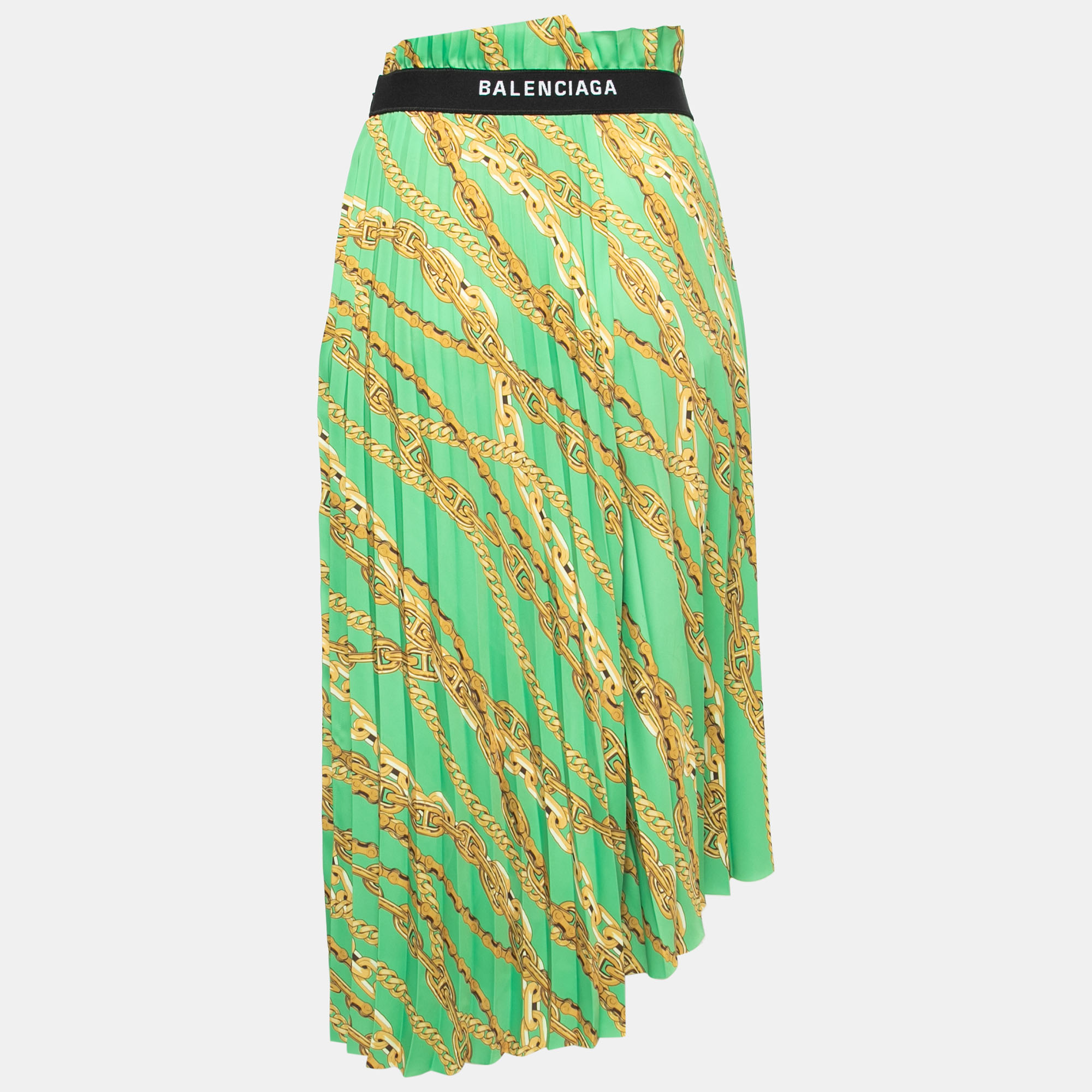 Pre Owned تنورة ميدي بالنسياغا ساتان مطبوع سلاسل خضراء بطيات غير متساوية مقاس صغير - سمول