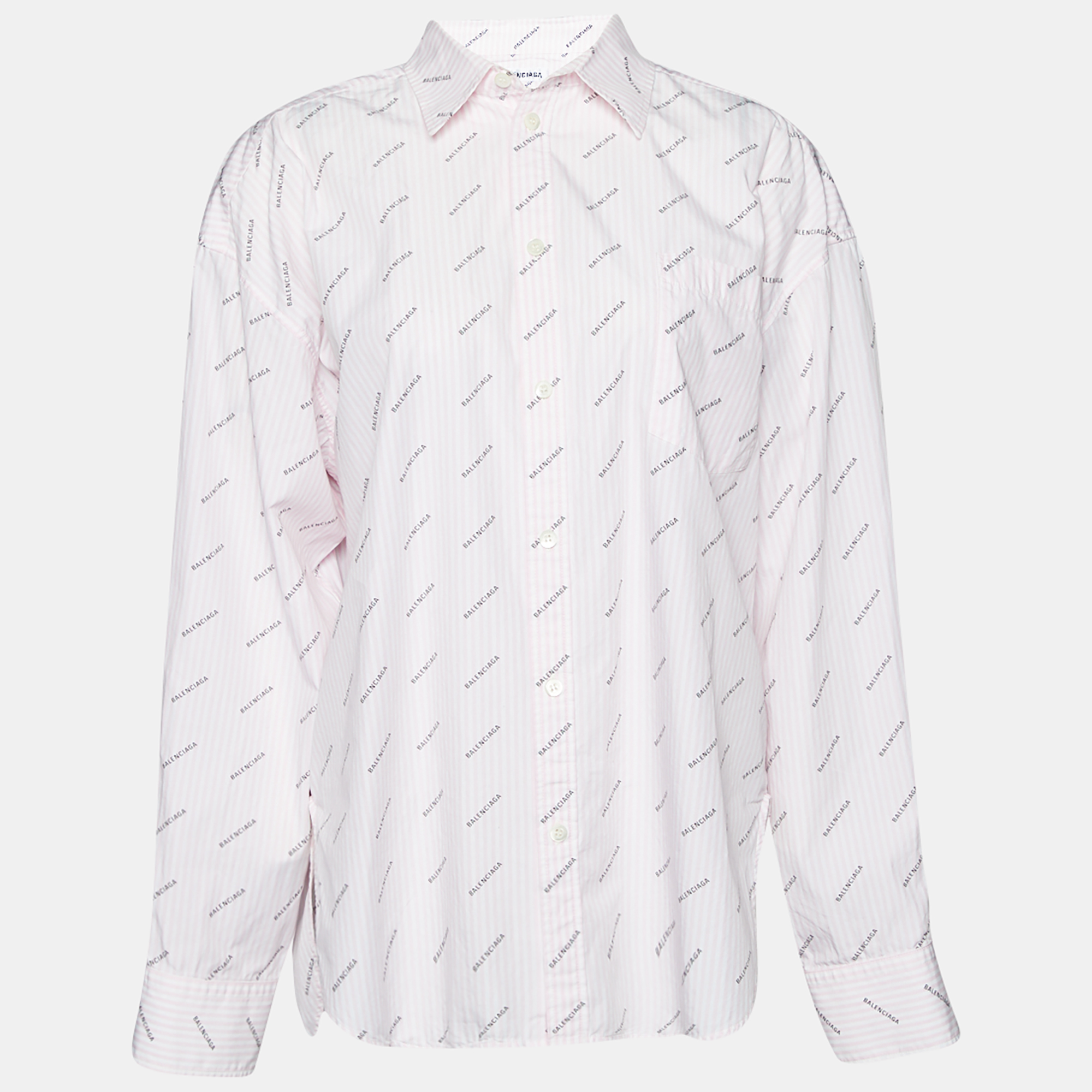 Pre-owned Balenciaga Pink Striped Cotton Logo Print Button Front Shirt S