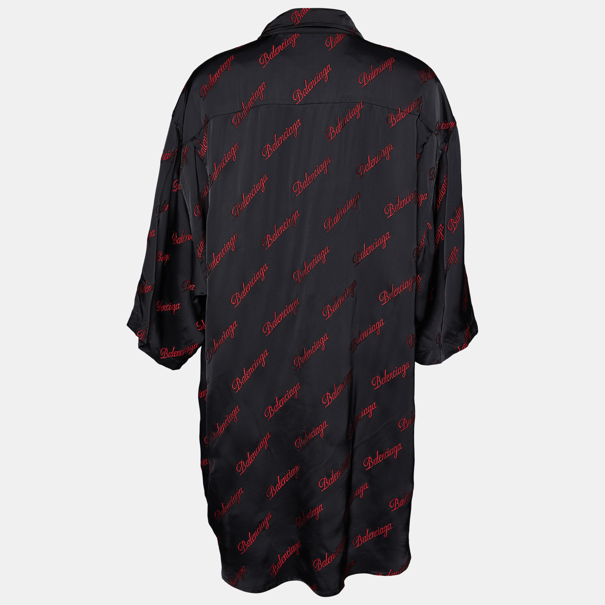 

Balenciaga Black Logo Script Fil Coupe Satin Oversized Shirt