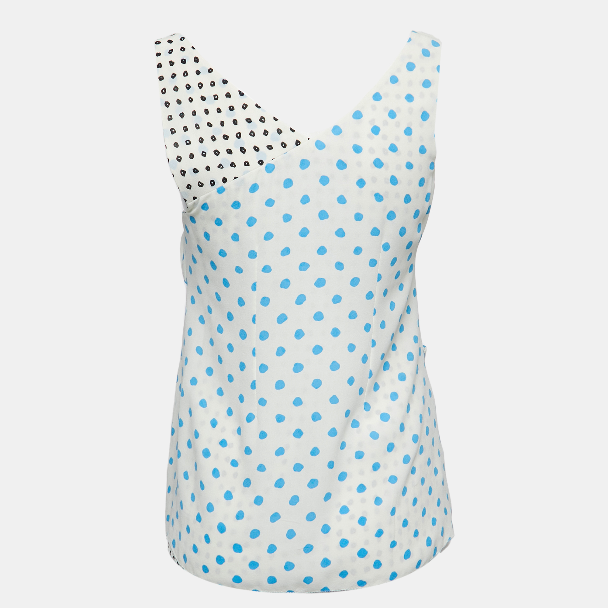 

Balenciaga Off White Polka Dotted Crepe Sleeveless Ruched Top