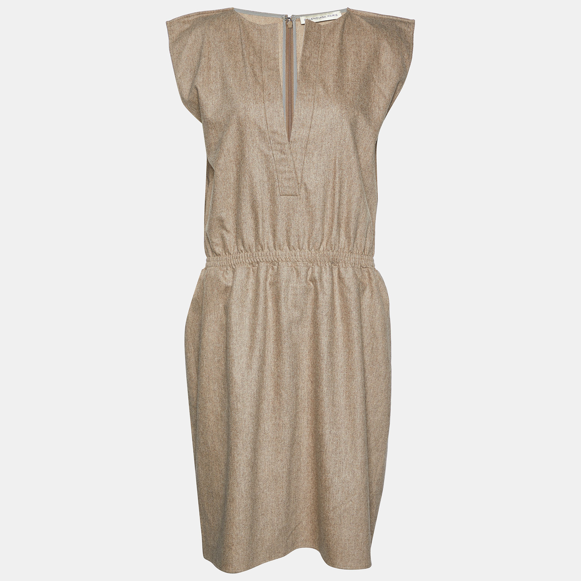 Pre-owned Balenciaga Light Brown Wool Sleeveless Midi Dress L