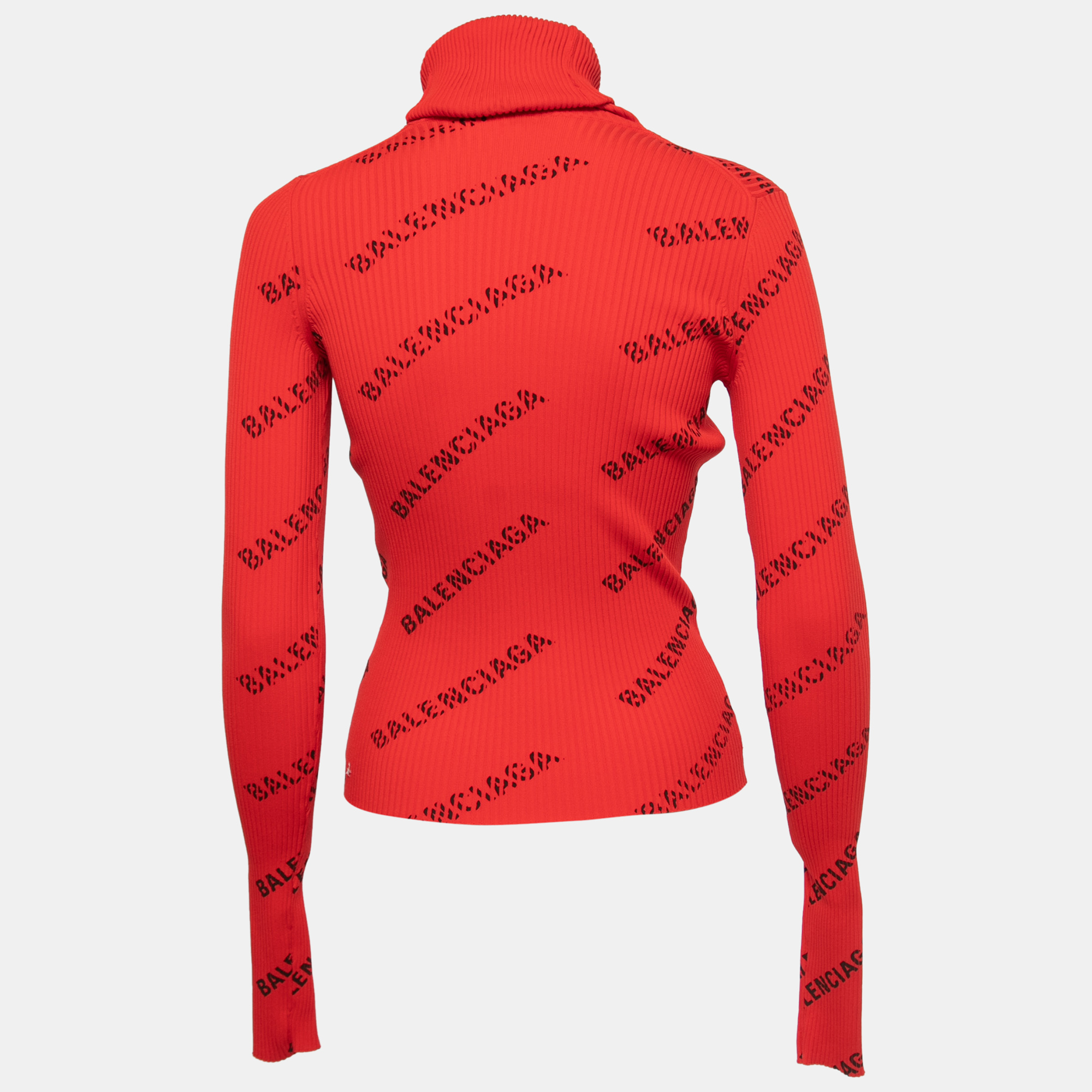 

Balenciaga Red All Over Logo Print Rib Knit Hooded Pullover