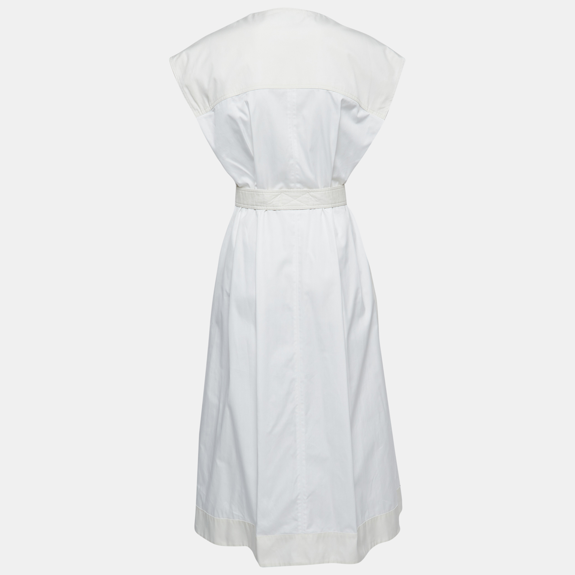 

Balenciaga White/Beige Cotton Button Front Belted Sleeveless Midi Dress
