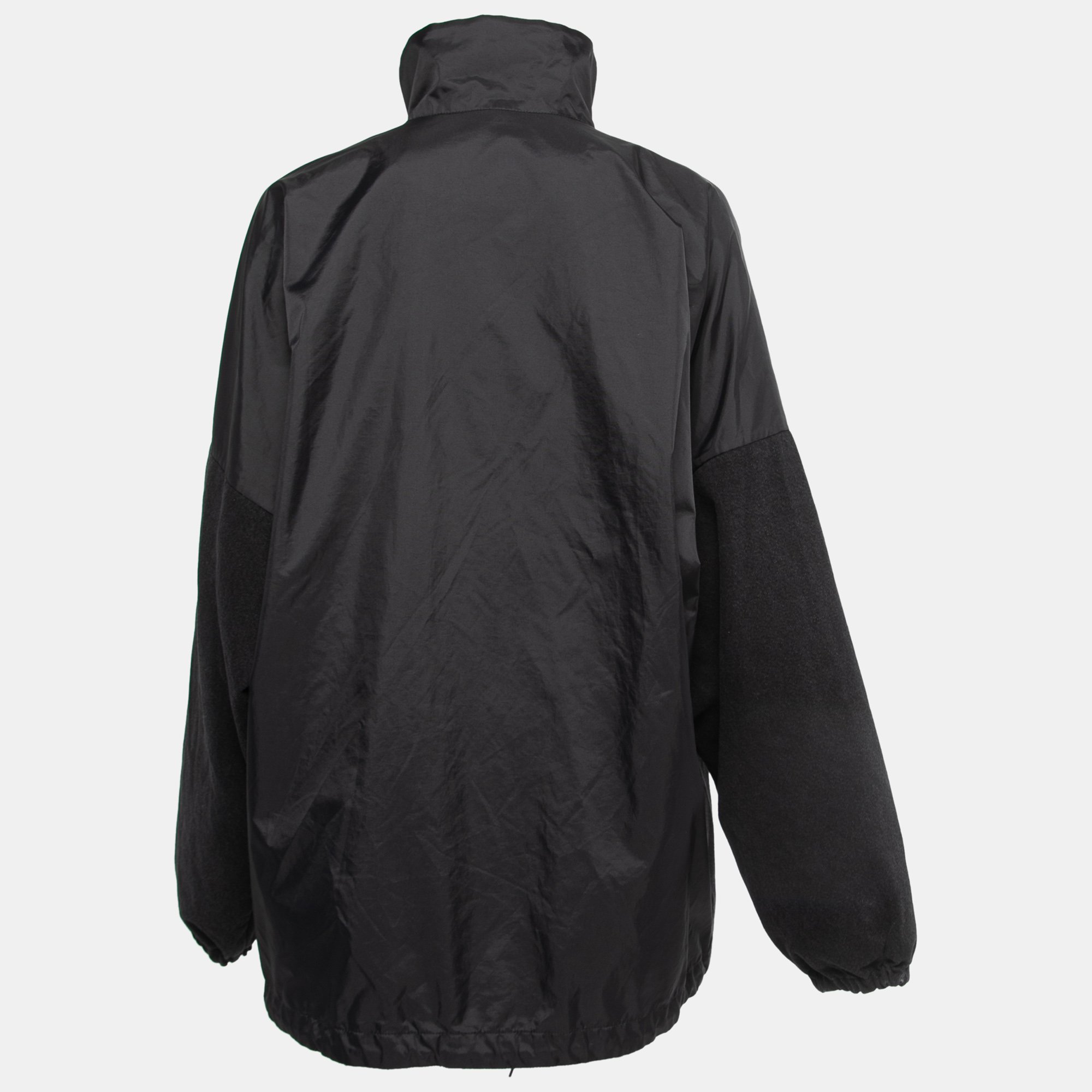 

Balenciaga Black Logo Printed Nylon and Cotton Zip Front Oversized Bomber Jacket