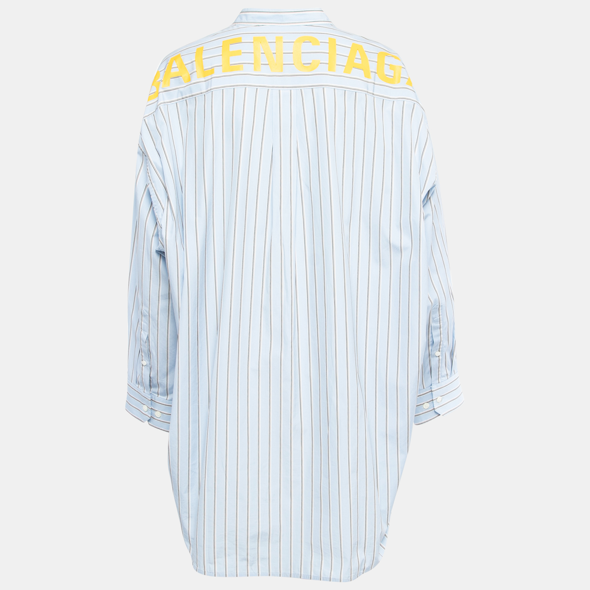 

Balenciaga Blue Striped Cotton Logo Print Oversized Shirt