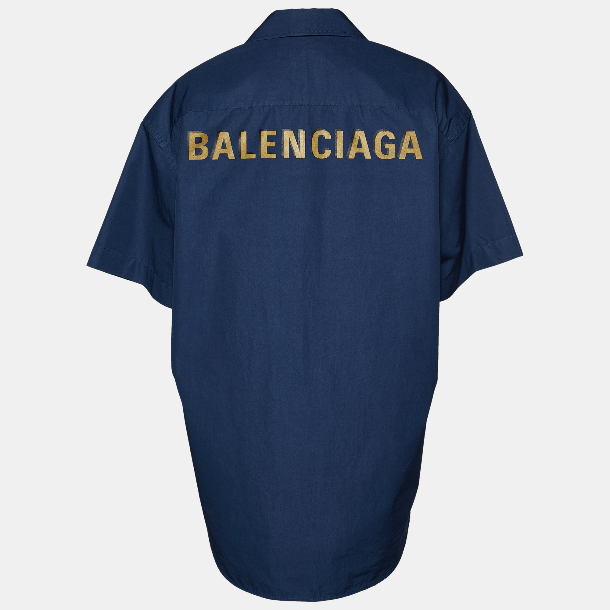 

Balenciaga Navy Blue Logo Printed Cotton Short Sleeve Oversized Shirt