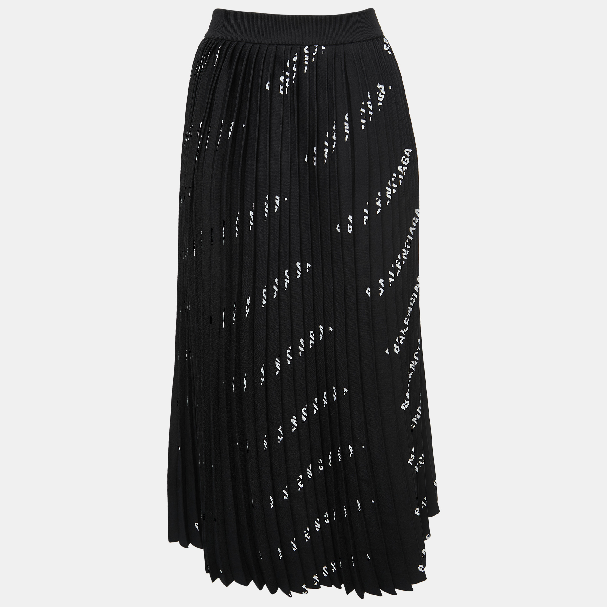 

Balenciaga Black Logo Print Knit Pleated Midi Skirt
