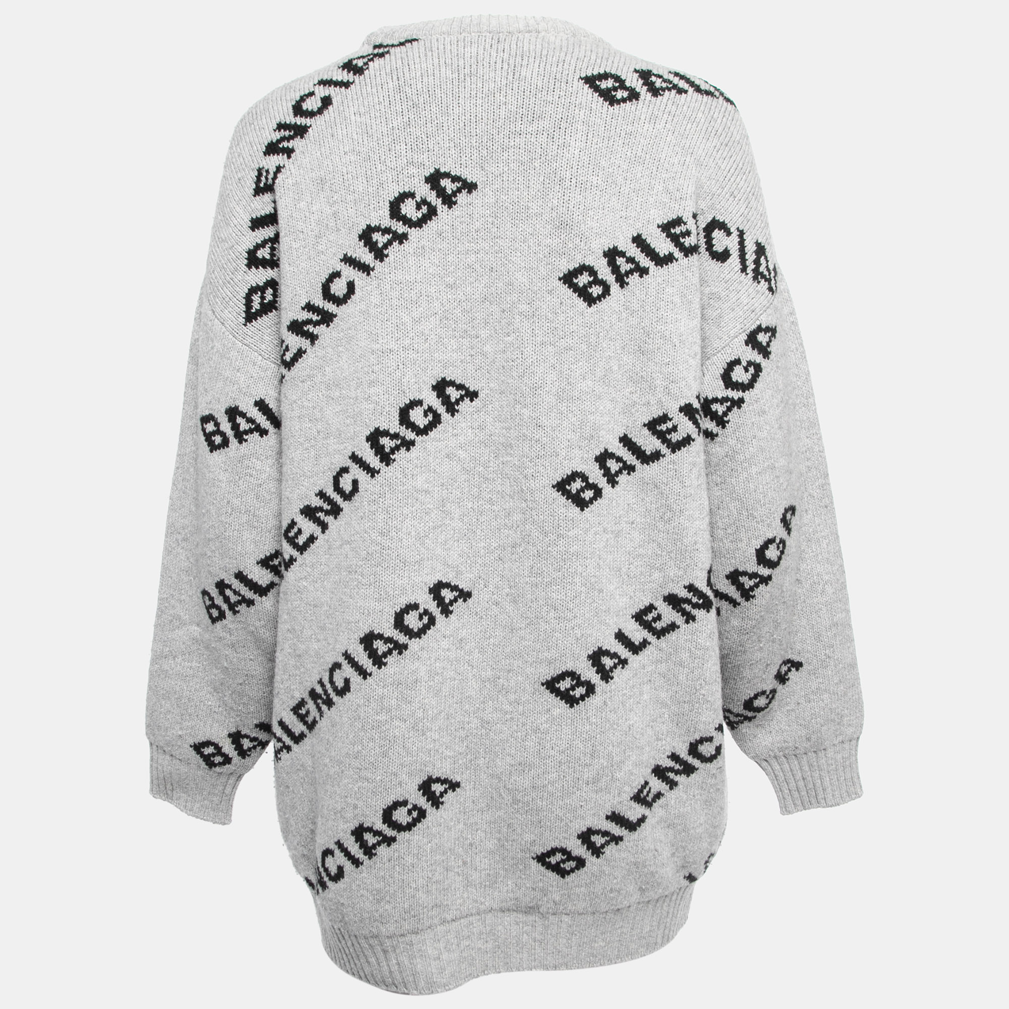 

Balenciaga Grey All Over Logo Patterned Wool Blend Crew Neck Jumper
