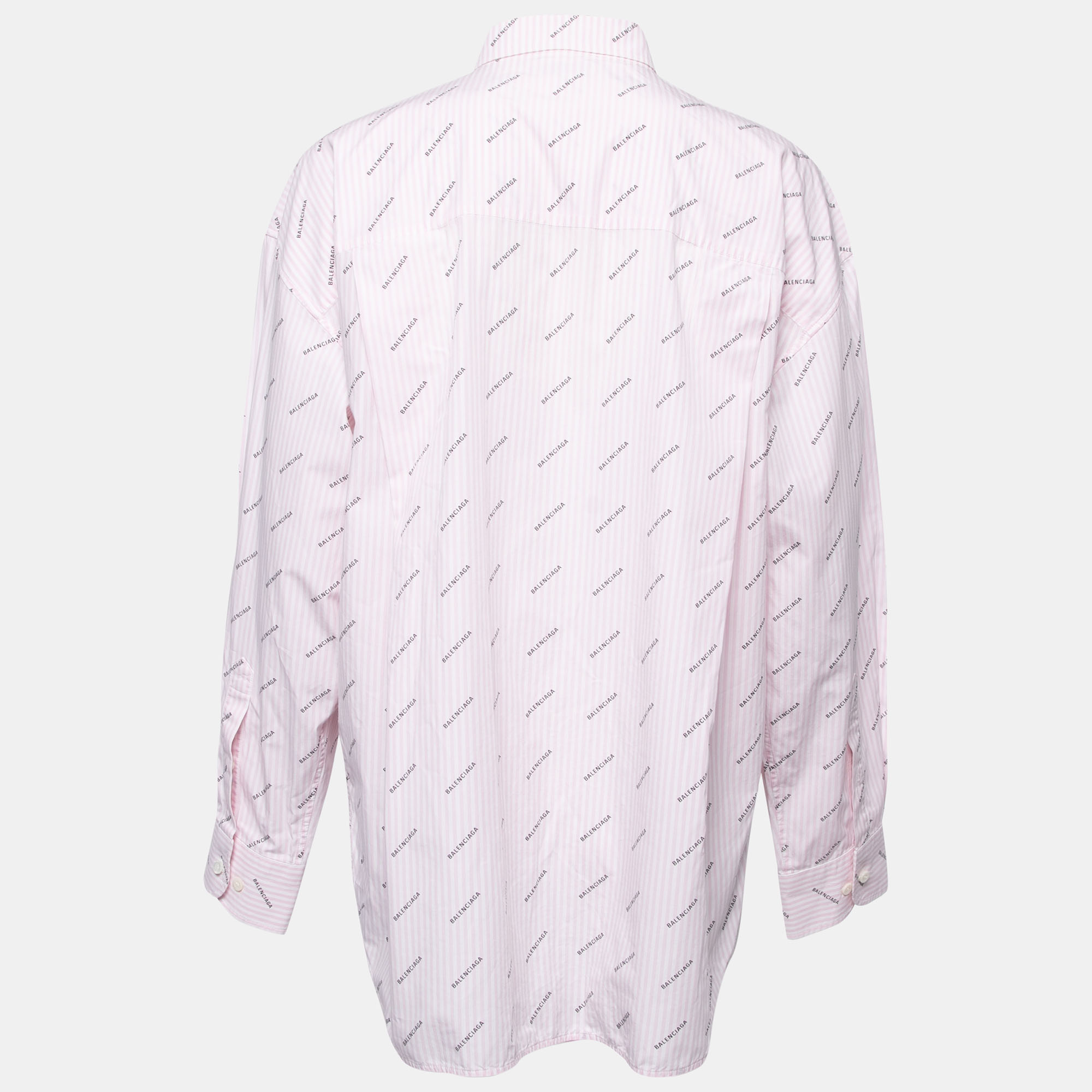 

Balenciaga Pink Logo Striped Cotton Button Front Oversized Shirt