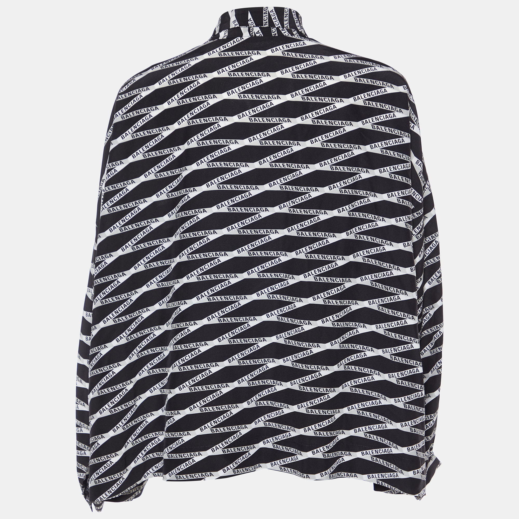 

Balenciaga Black Zig Zag Logo Printed Silk Neck Tie Detail Top