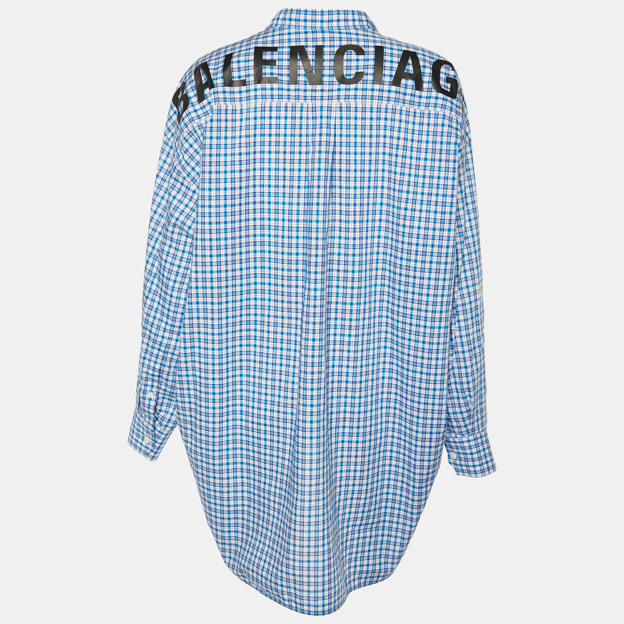 

Balenciaga Blue Plaid Cotton Neck Tie Detail Oversized Shirt