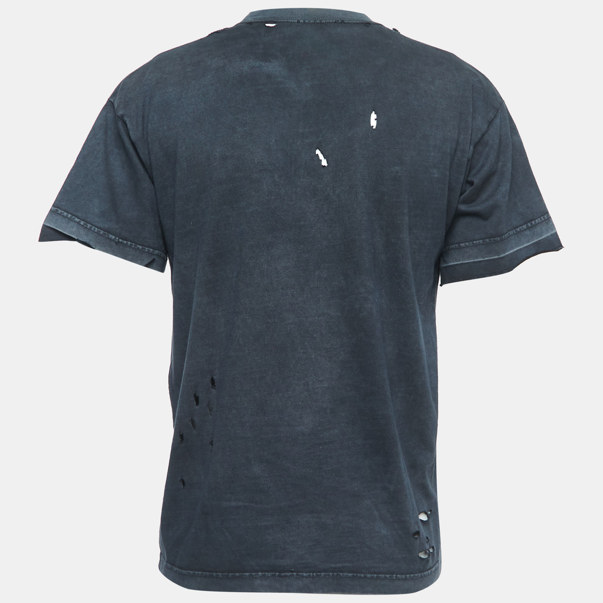 

Balenciaga Grey Washed & Distressed Logo Print Cotton Half Sleeve T-Shirt