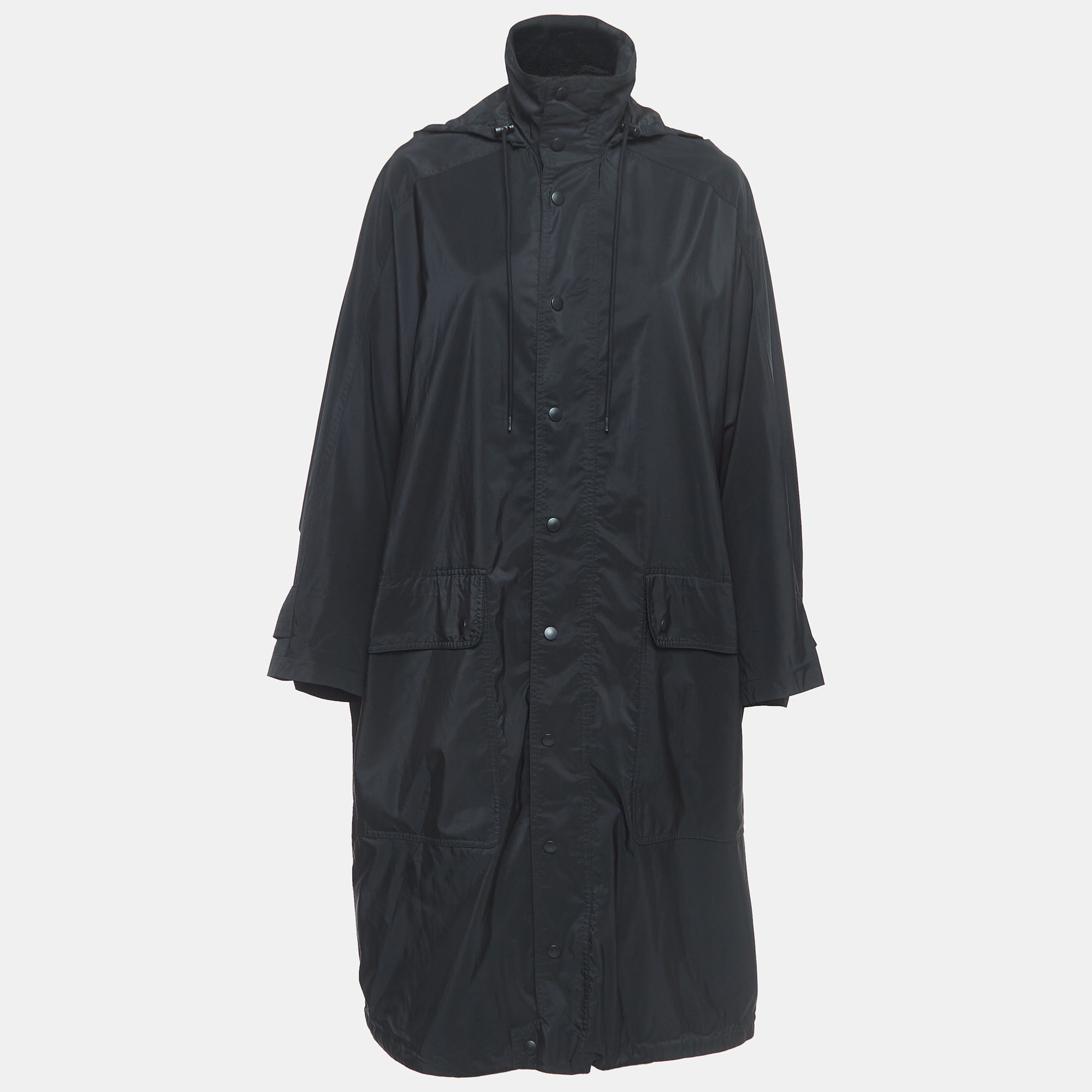 

Balenciaga Black Logo Print Synthetic Button Front Long Hooded Coat