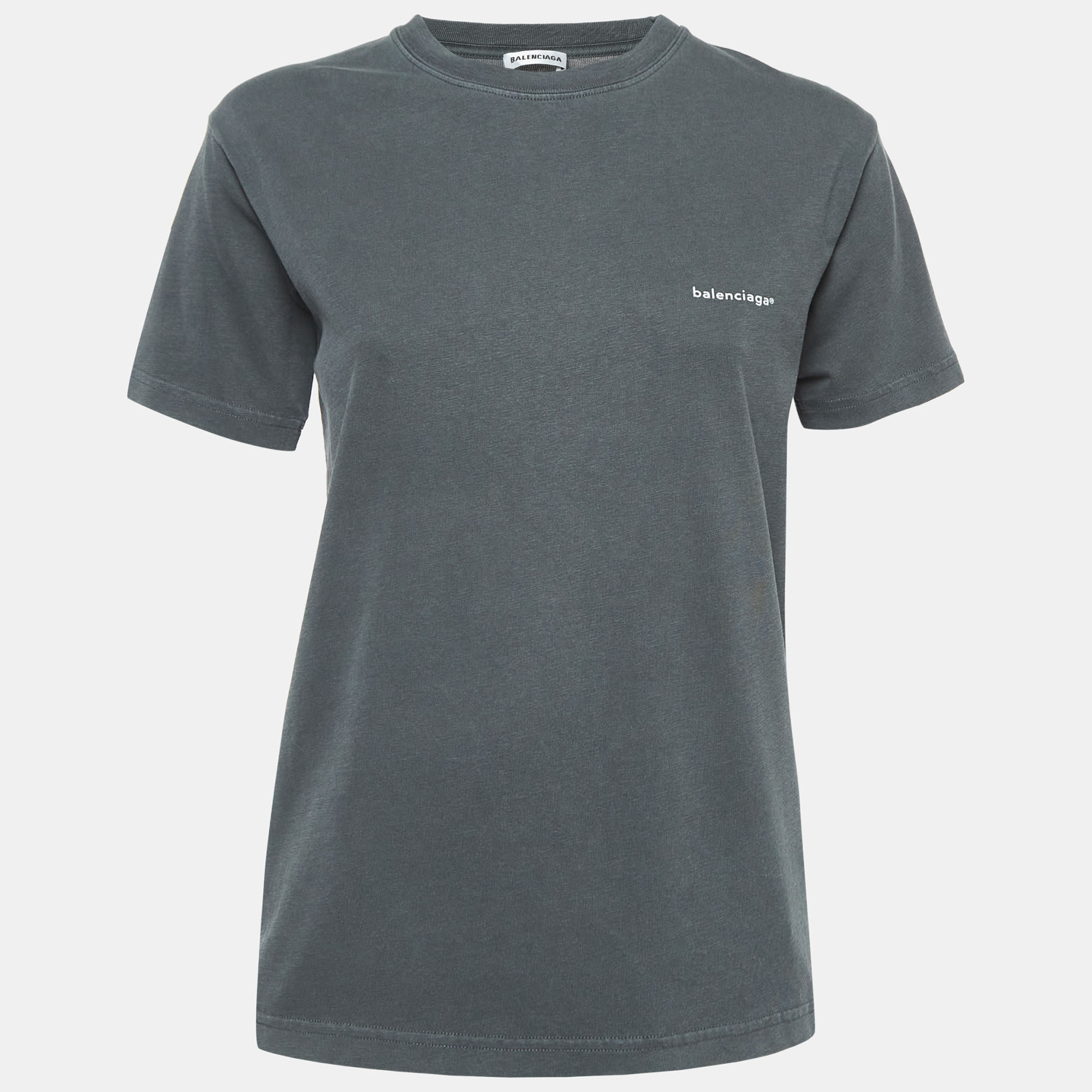 Pre-owned Balenciaga Grey Logo Print Washed Cotton Knit T-shirt M