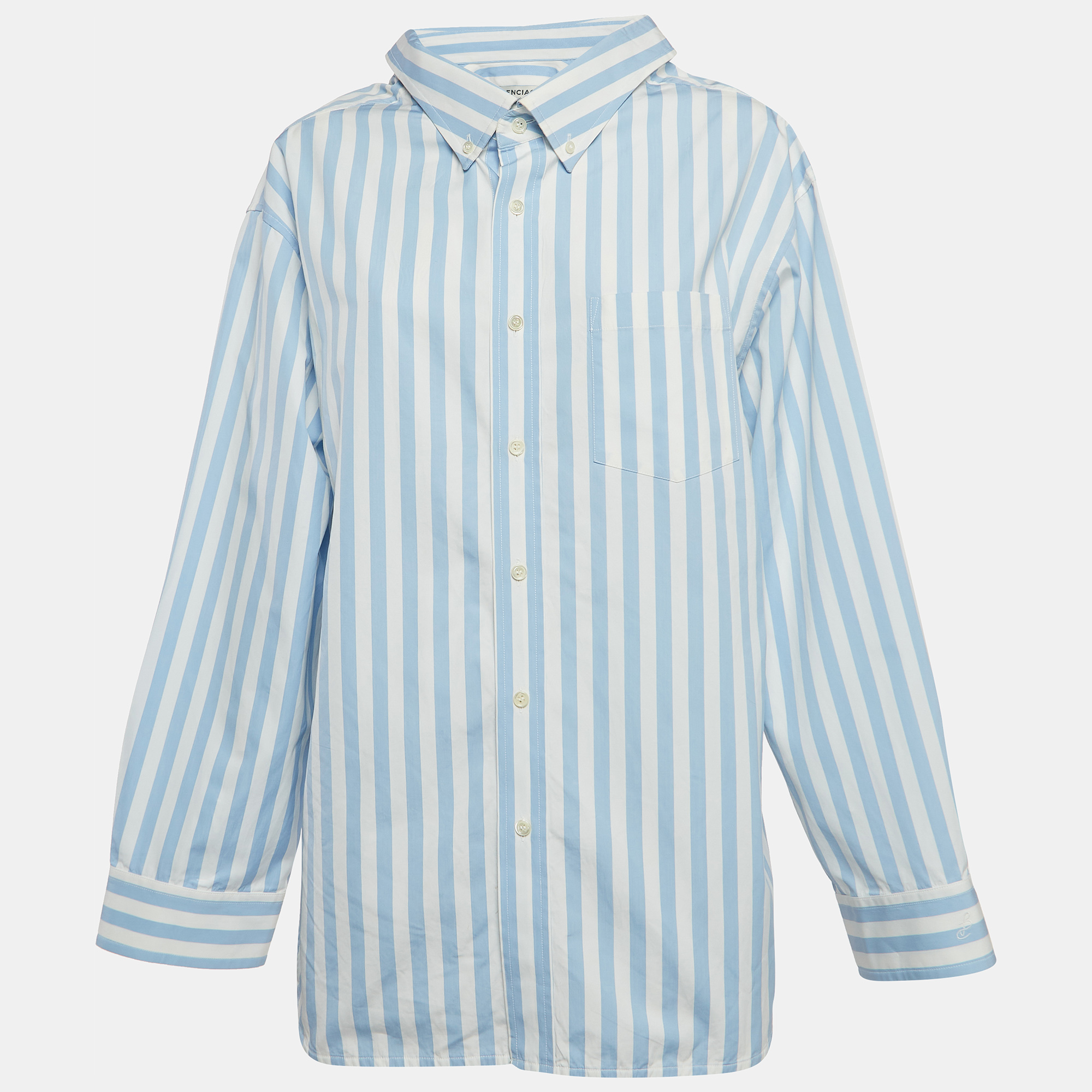 Pre-owned Balenciaga Blue/white Stripes Cotton Oversized Shirt M