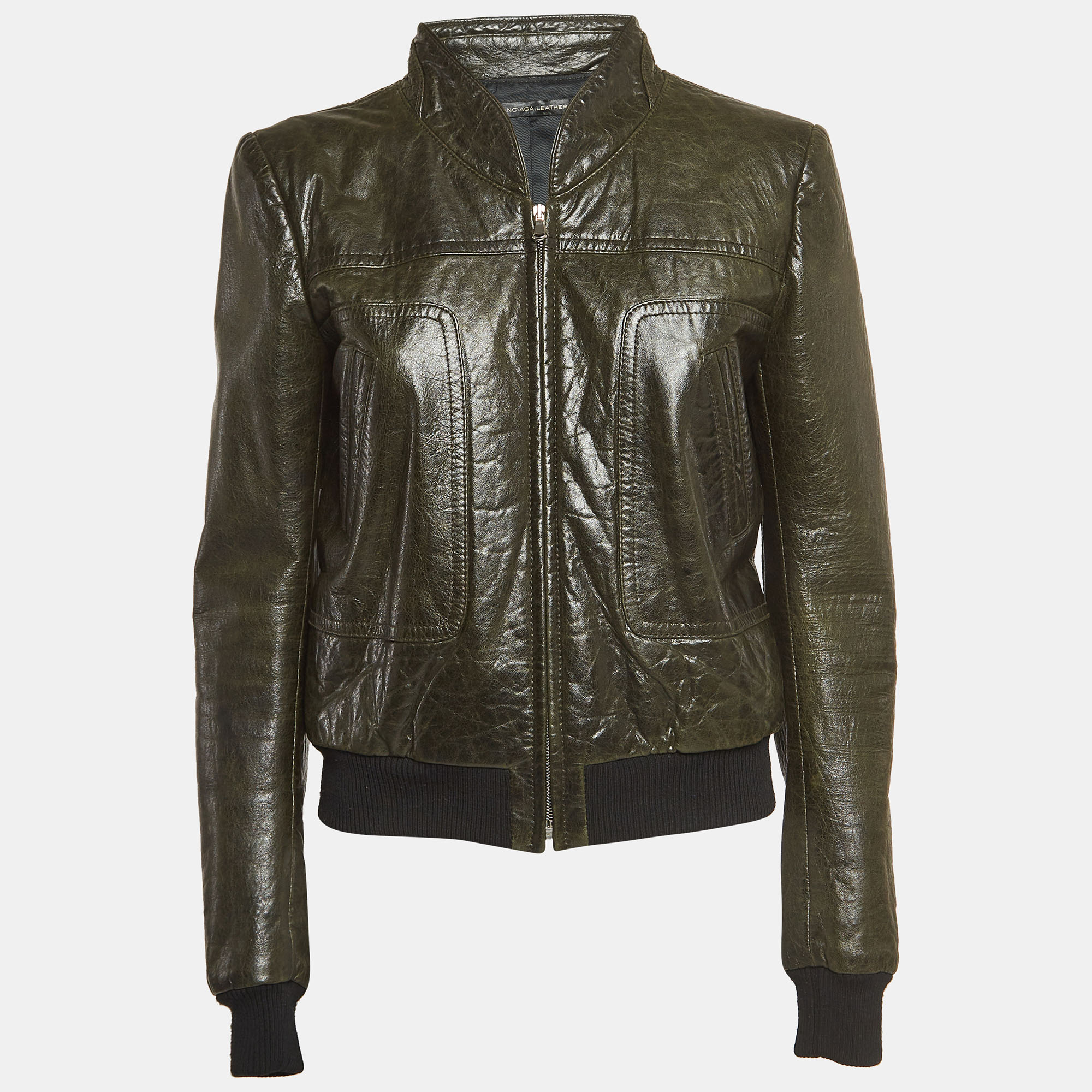 Pre-owned Balenciaga Green Leather Zipper Rider Jacket M