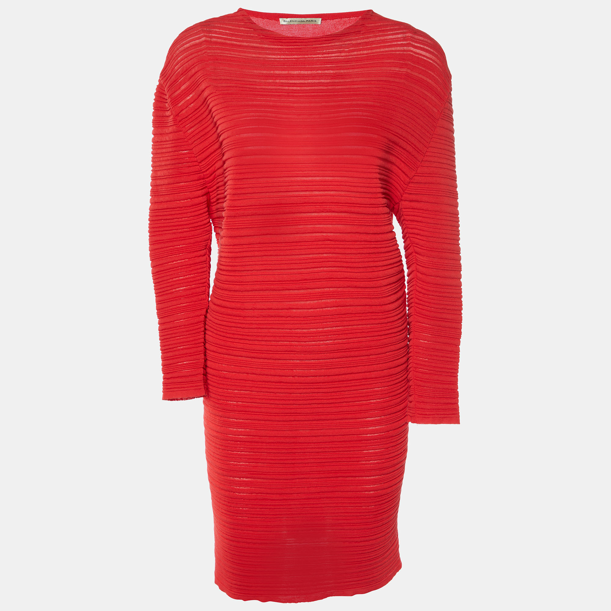 Pre-owned Balenciaga Red Textured Rib Knit Knee-length Dress S