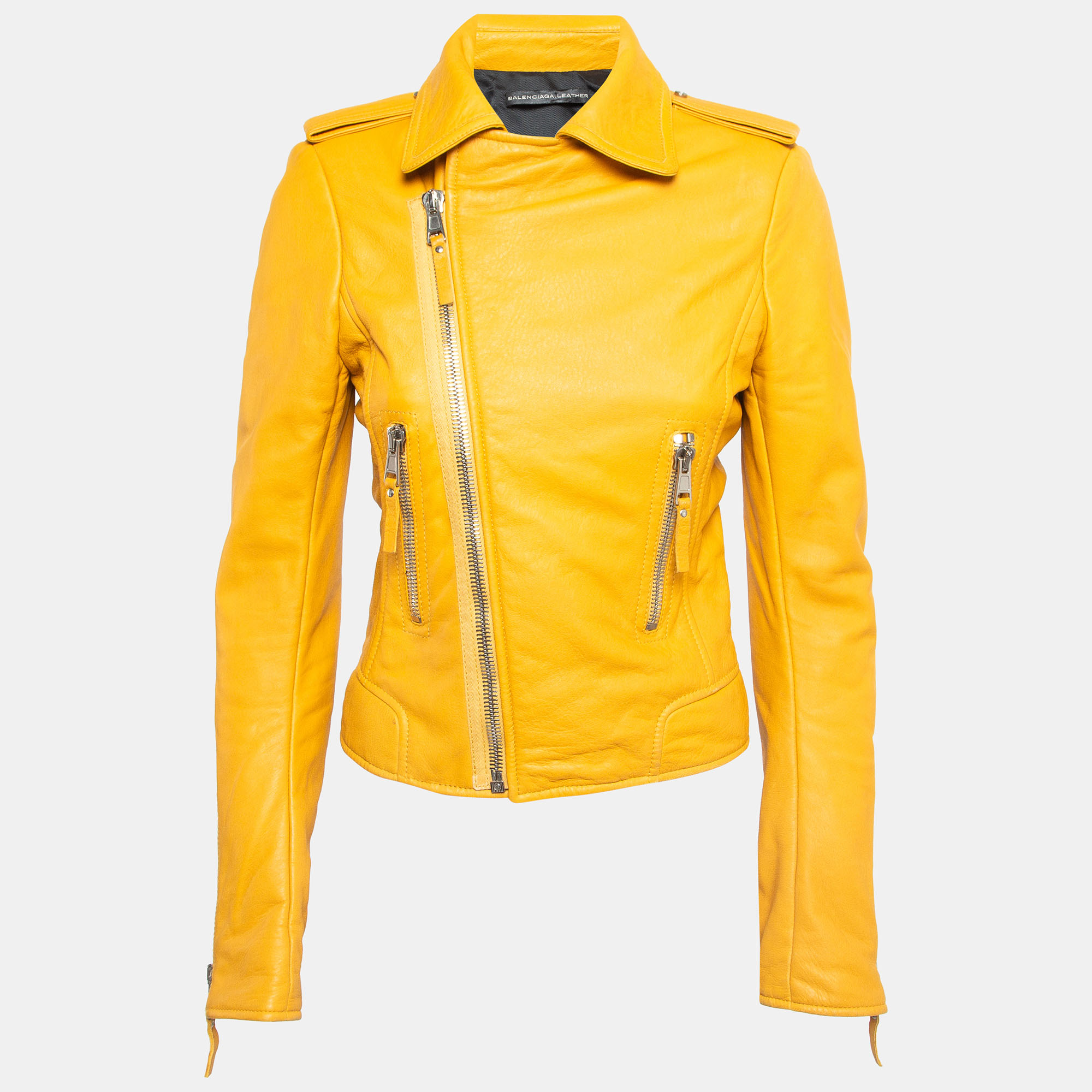 Pre-owned Balenciaga Yellow Leather Zipper Riders Jacket M