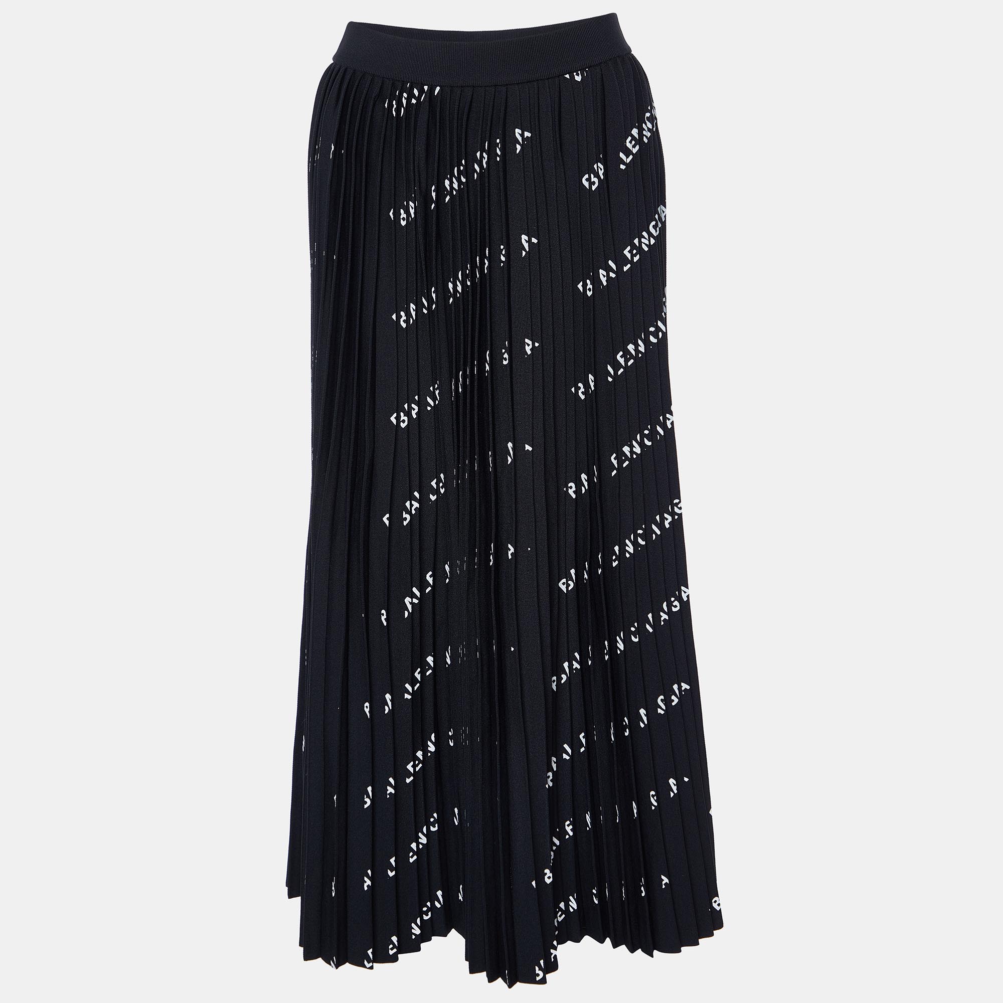 

Balenciaga Black All-Over Logo Print Knit Pleated Midi Skirt