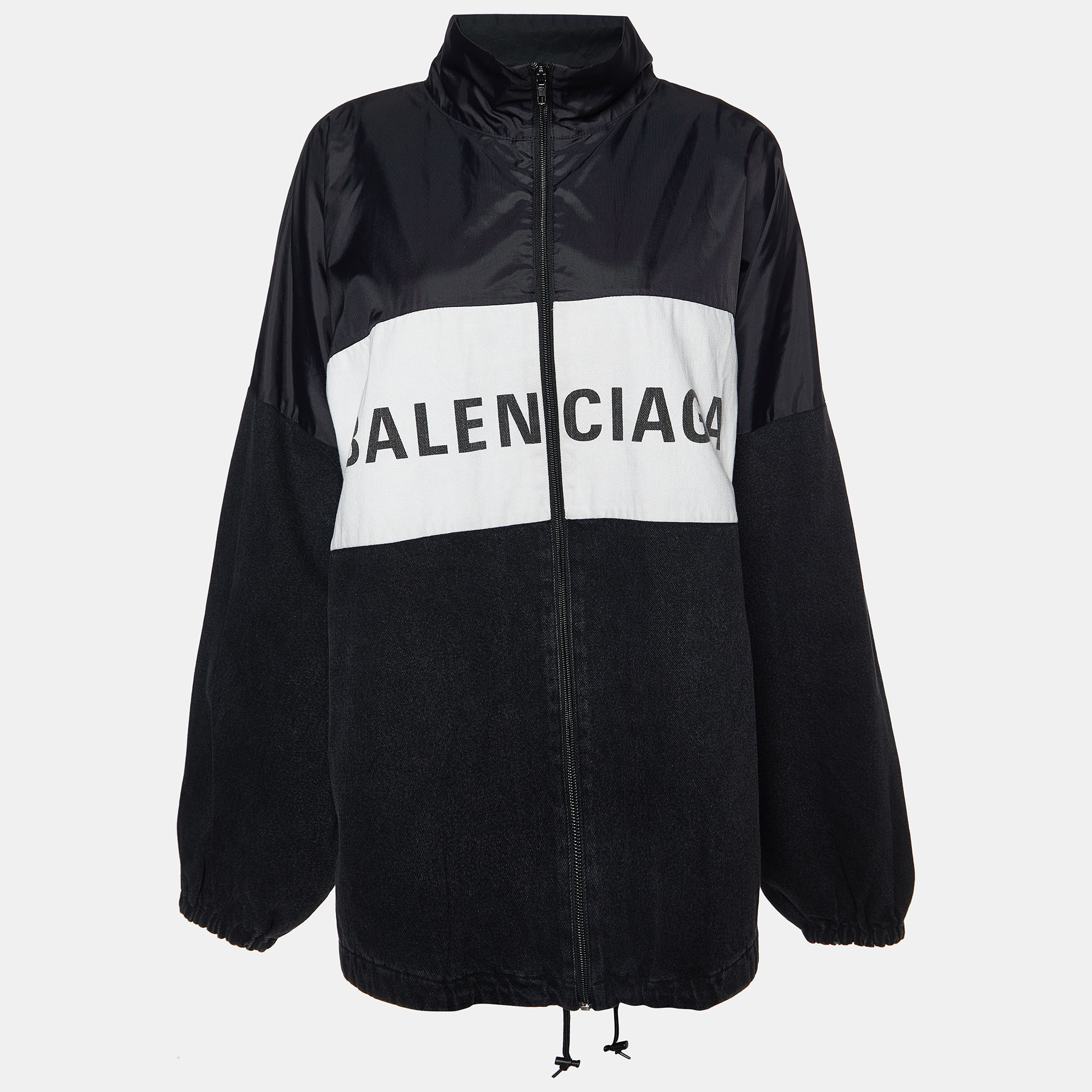 

Balenciaga Black Logo Print Denim and Nylon Zip Front Oversized Jacket