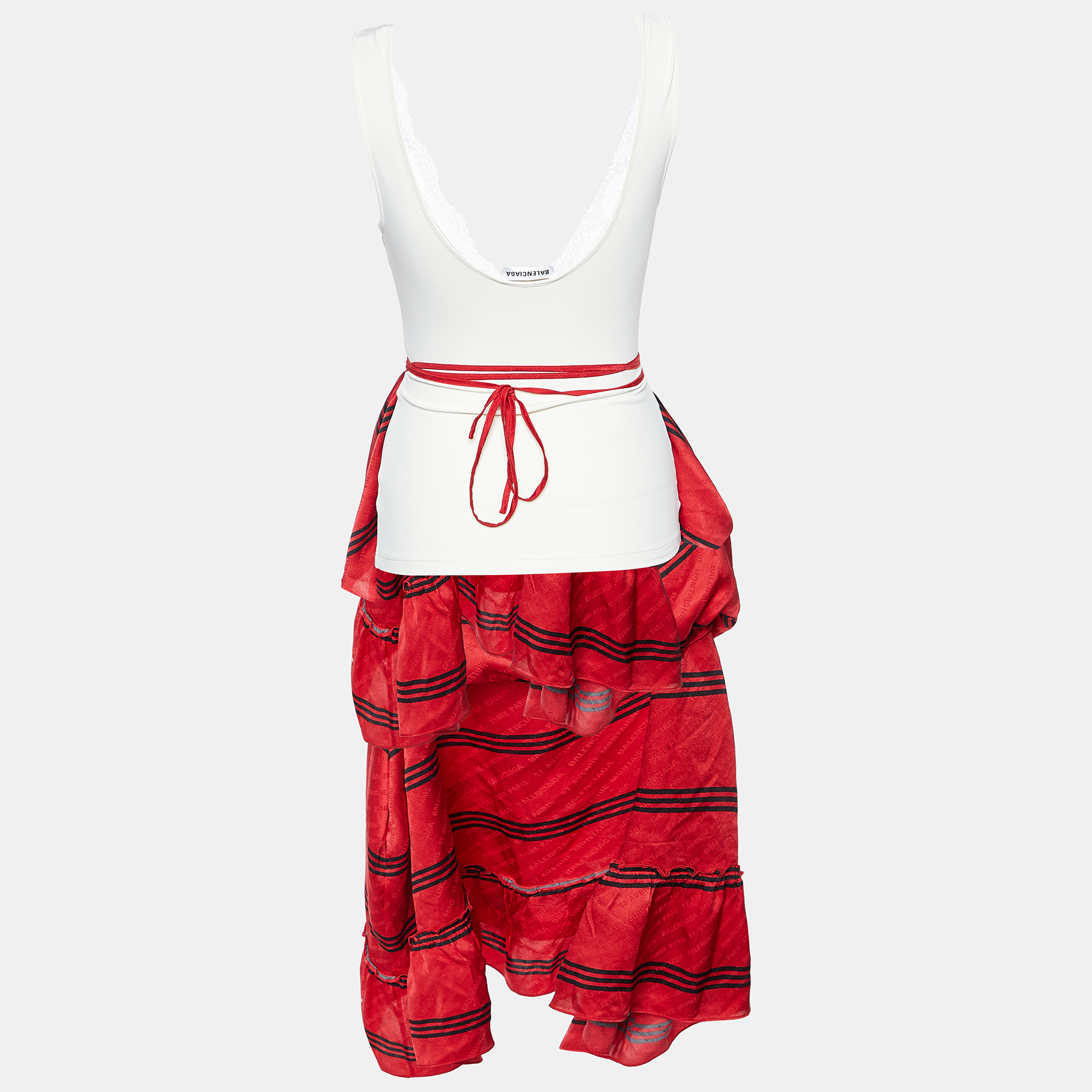 

Balenciaga Red/Cream Silk & Knit Layered Midi Dress