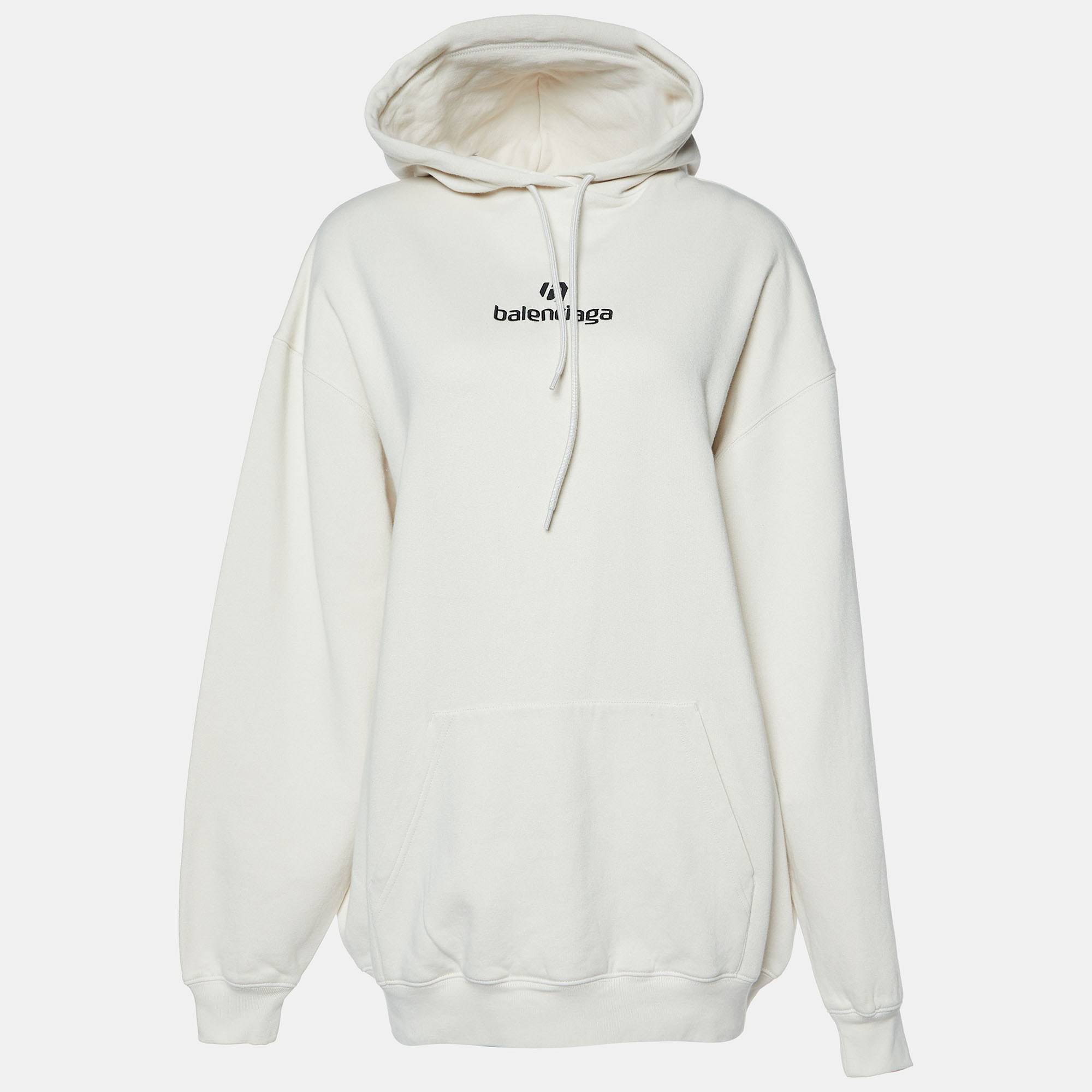 Pre-owned Balenciaga Light Beige Logo Embroidered Cotton Oversized Hoodie Xs