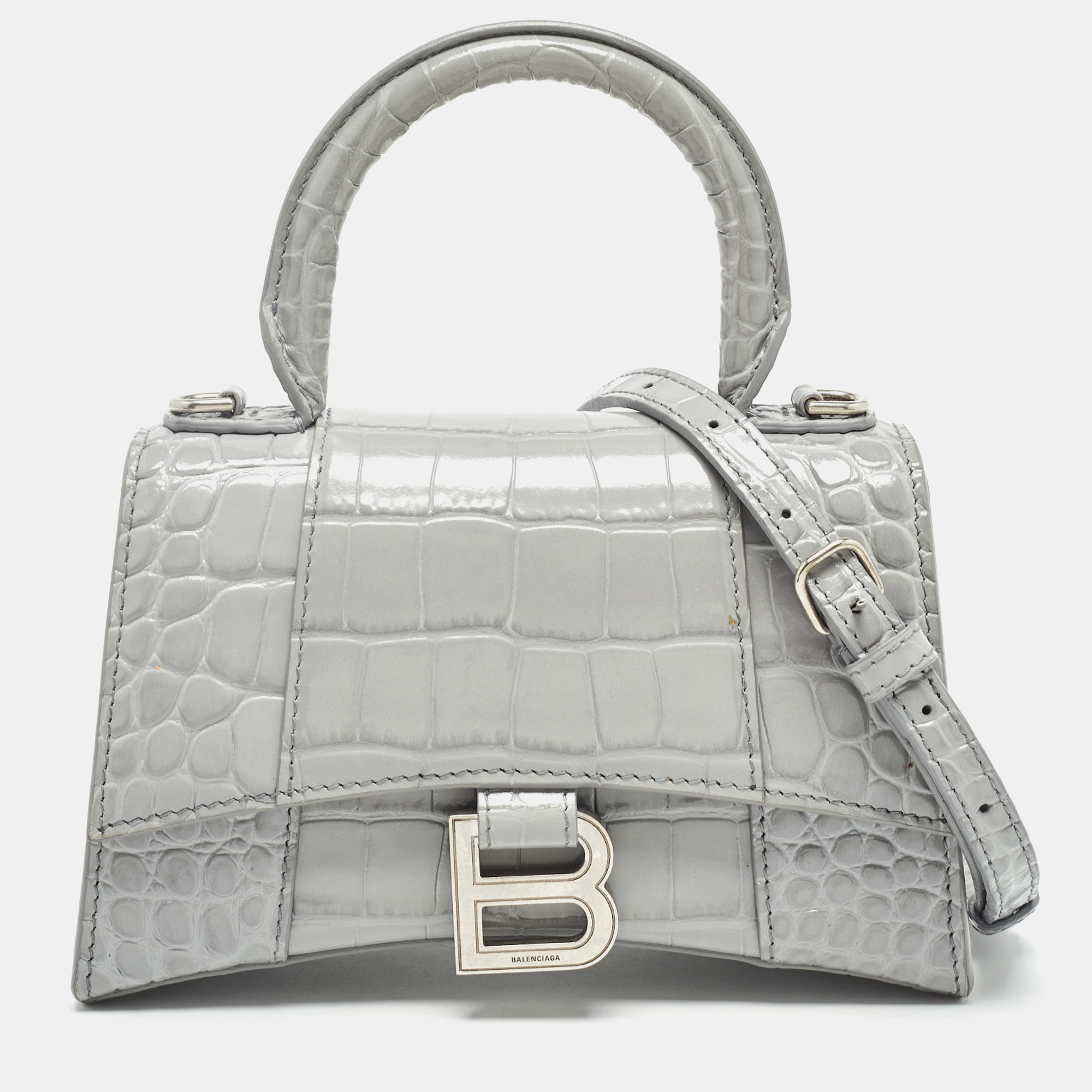 

Balenciaga Grey Croc Embossed Leather  Hourglass Top Handle Bag