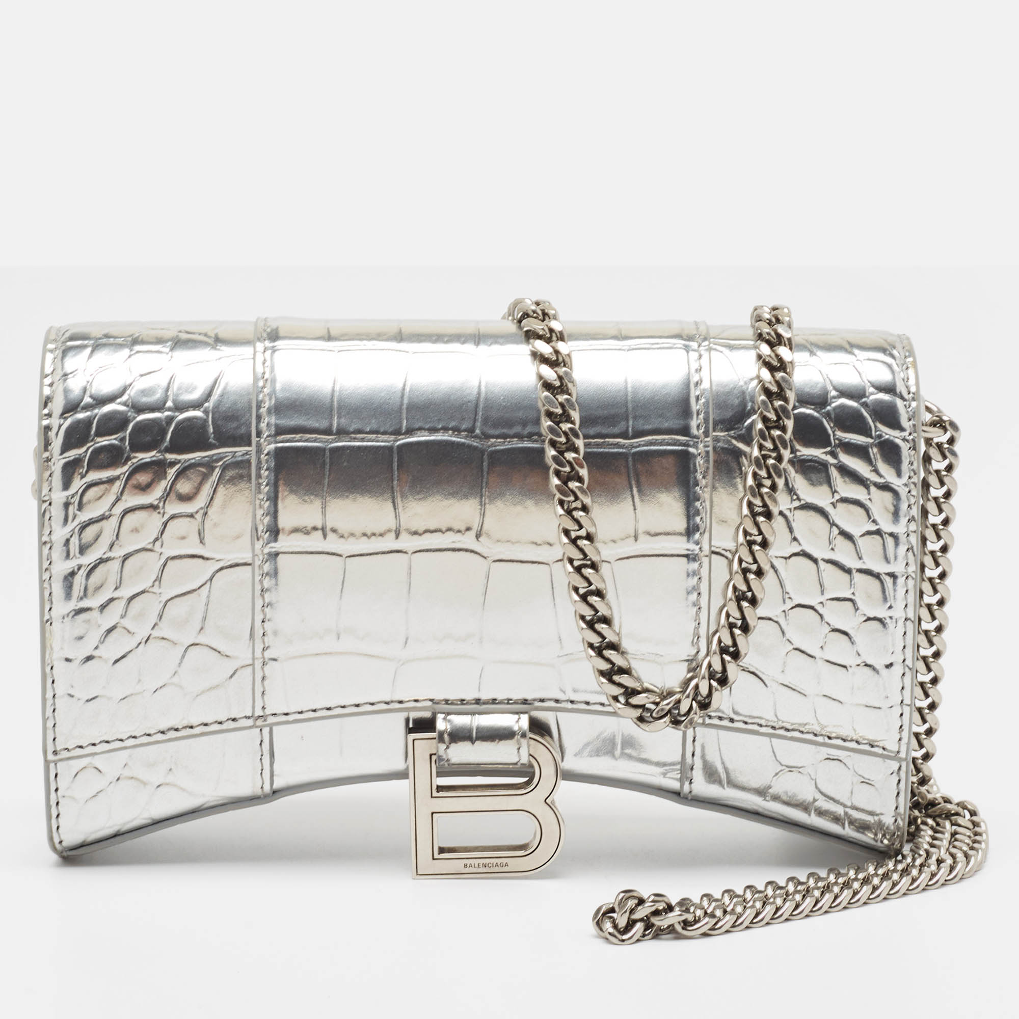 

Balenciaga Silver Croc Embossed Patent Leather Hourglass Wallet on Chain