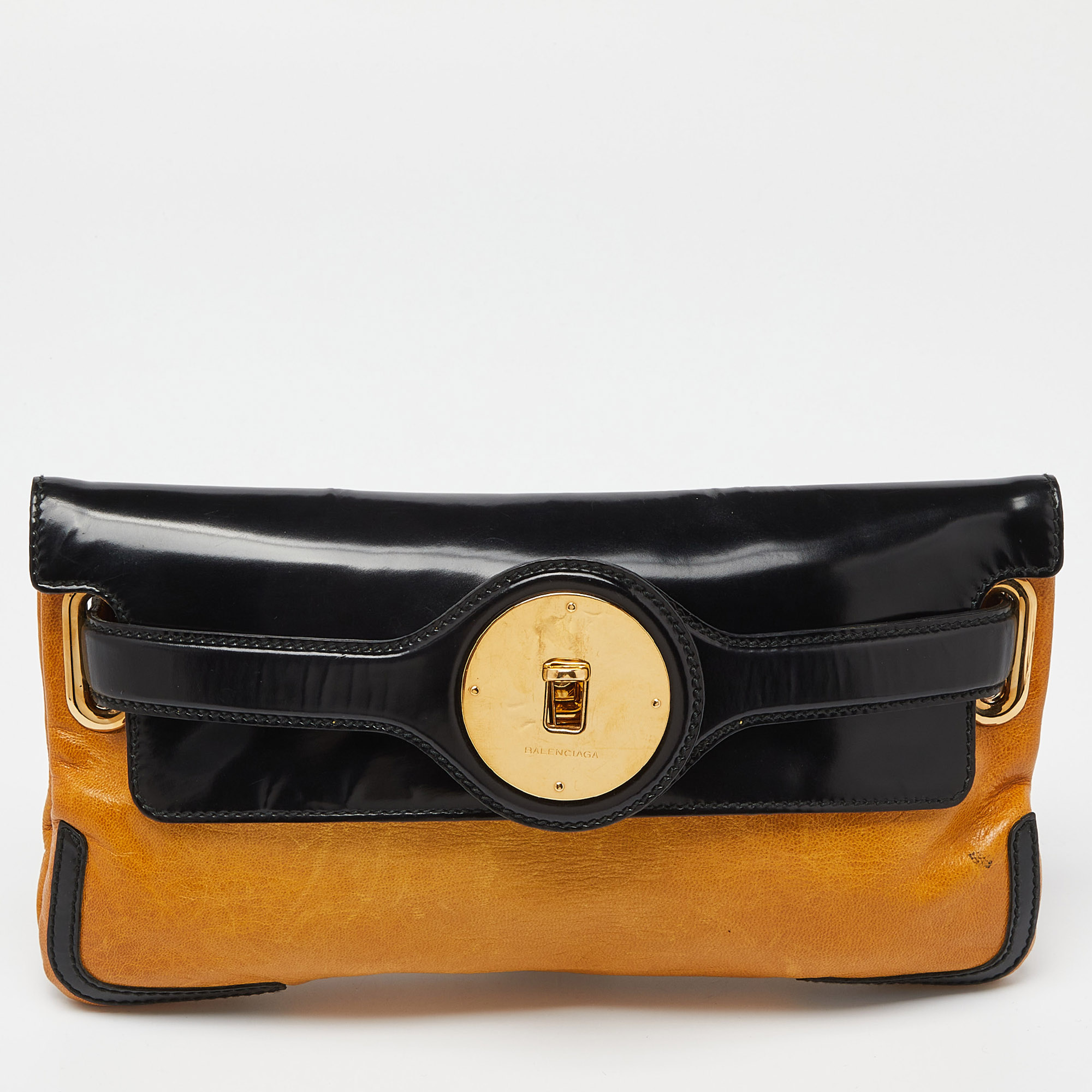 

Balenciaga Yellow/Black Leather and Patent Leather Lune Clutch