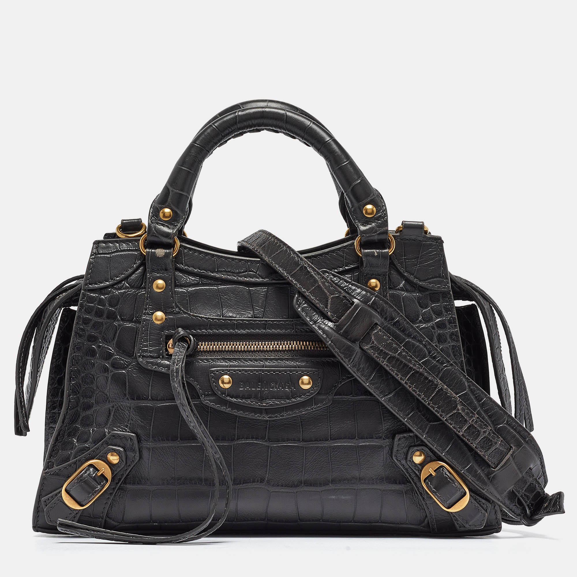 

Balenciaga Dark Grey Croc Embossed Leather Neo Classic Bag