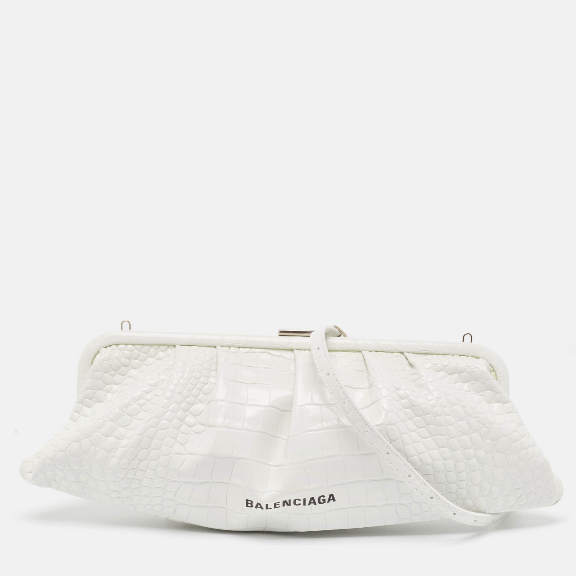 

Balenciaga White Croc Embossed Leather  Cloud Clutch Bag