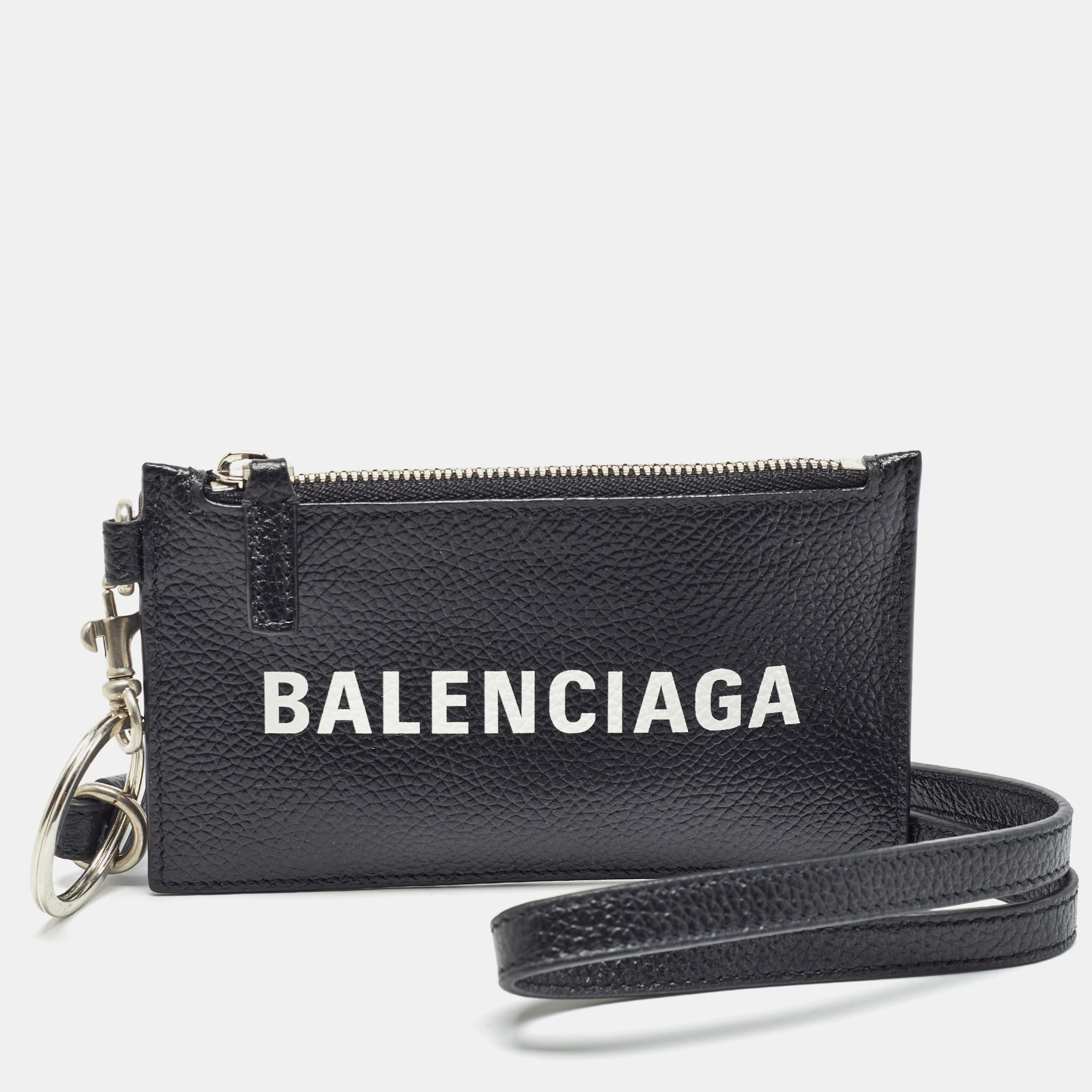 

Balenciaga Black/White Leather Zip Card Holder with Strap