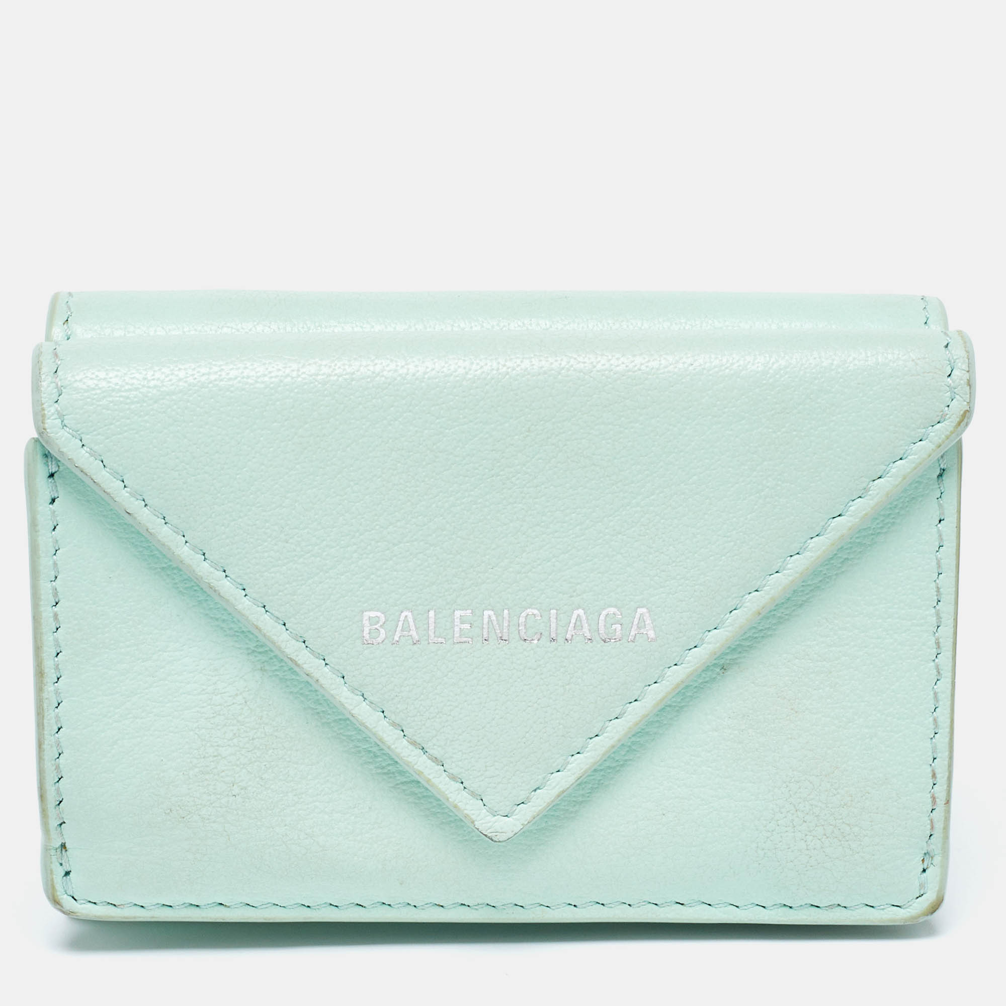 Pre-owned Balenciaga Mint Green Leather Mini Papier Wallet