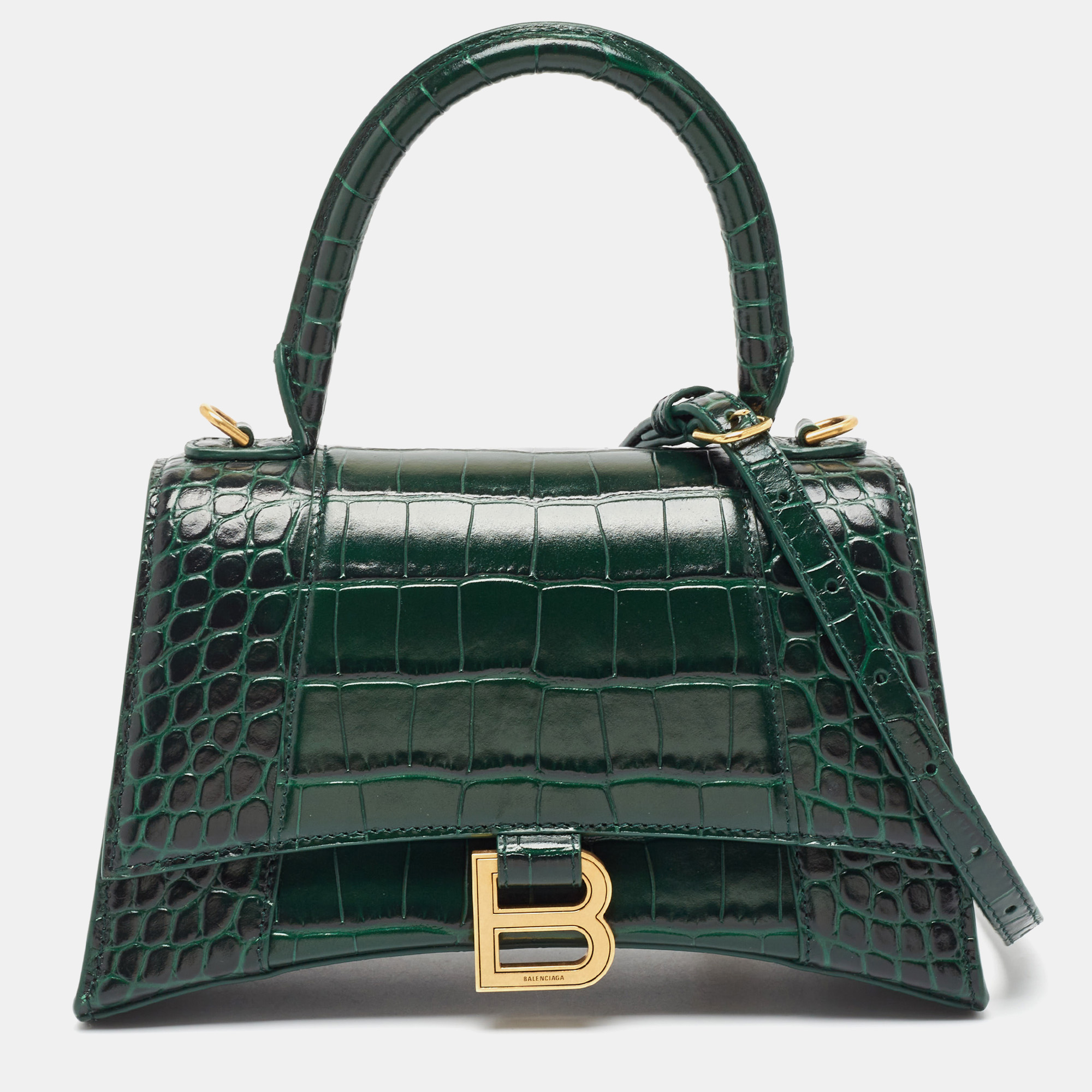 

Balenciaga Green Croc Embossed Leather Small Hourglass Top Handle Bag