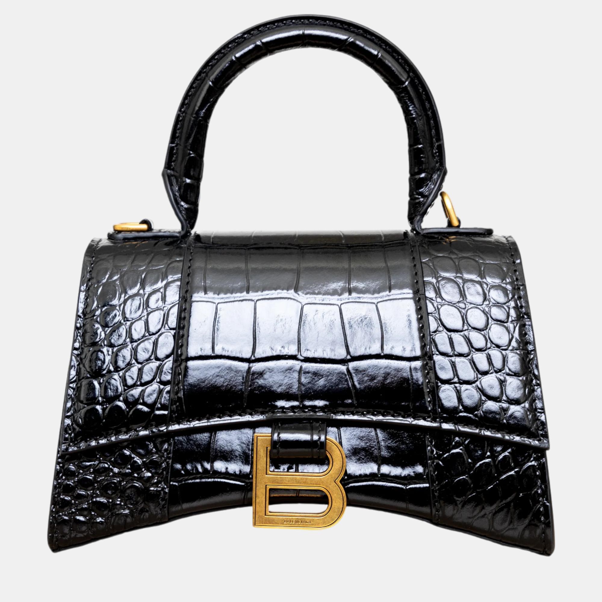 

Balenciaga Black Croc Embossed Leather  Hourglass Top Handle Bags