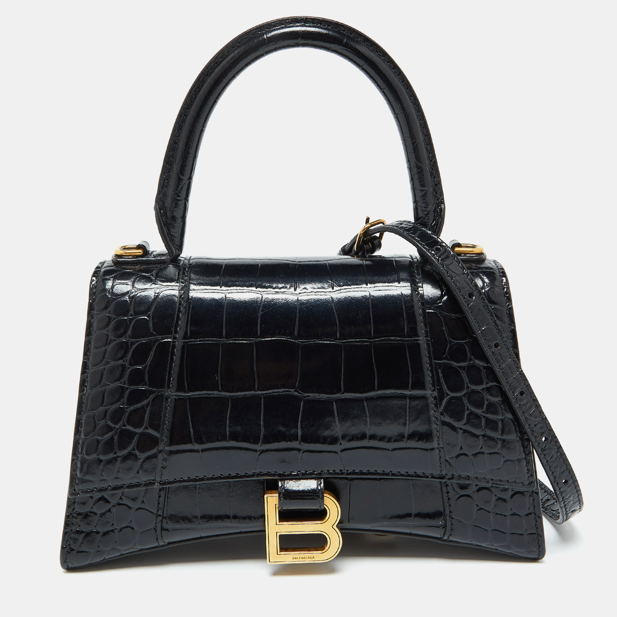 

Balenciaga Black Croc Embossed Leather Small Hourglass Top Handle Bag