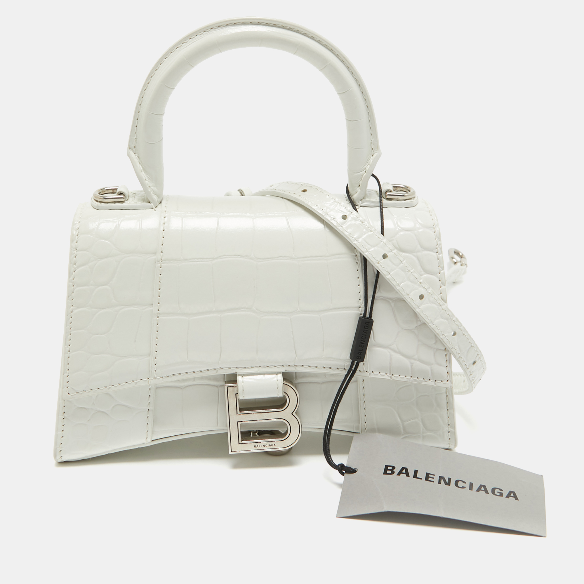 

Balenciaga White Croc Embossed Leather  Hourglass Top Handle Bag