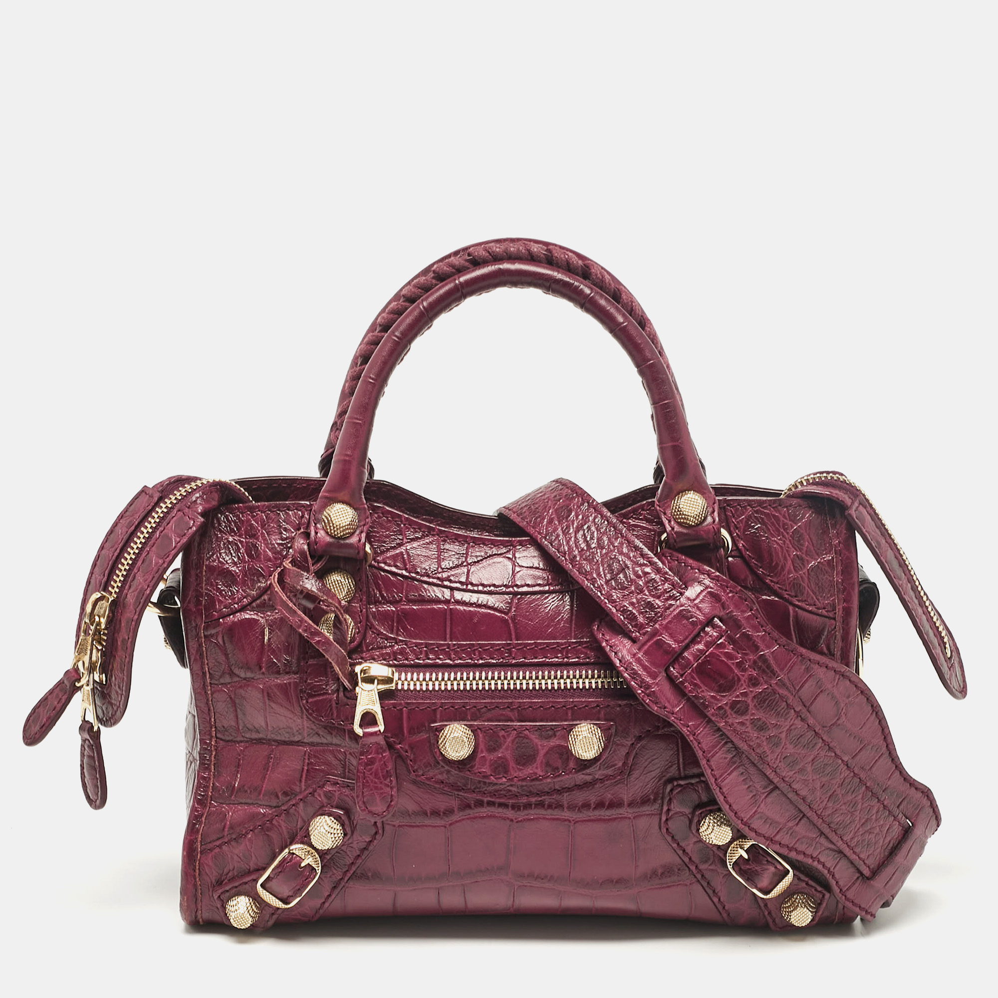 

Balenciaga Purple Croc Embossed Leather Mini Classic City Bag