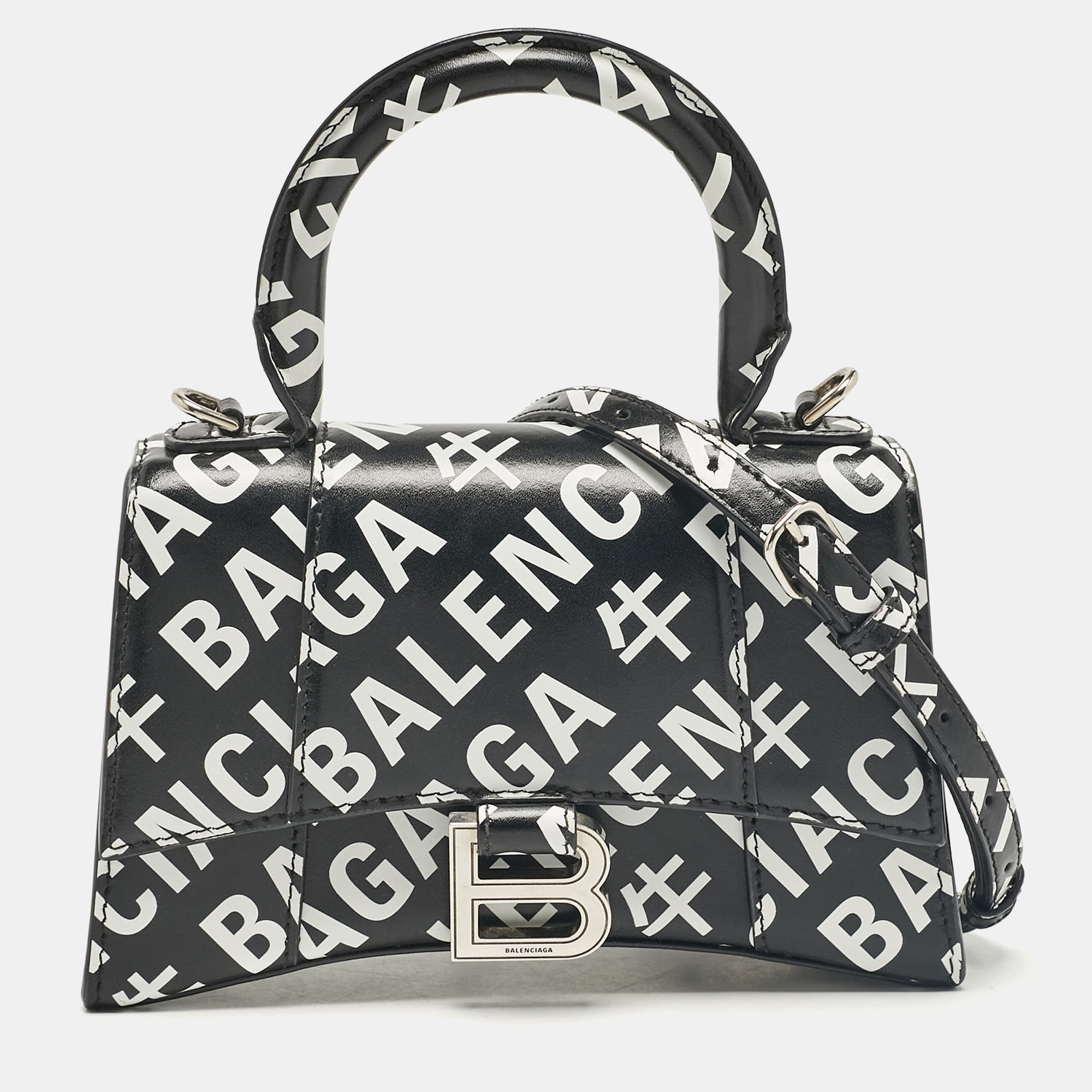 

Balenciaga Black/White Leather Allover Logo  Hourglass Top Handle Bag