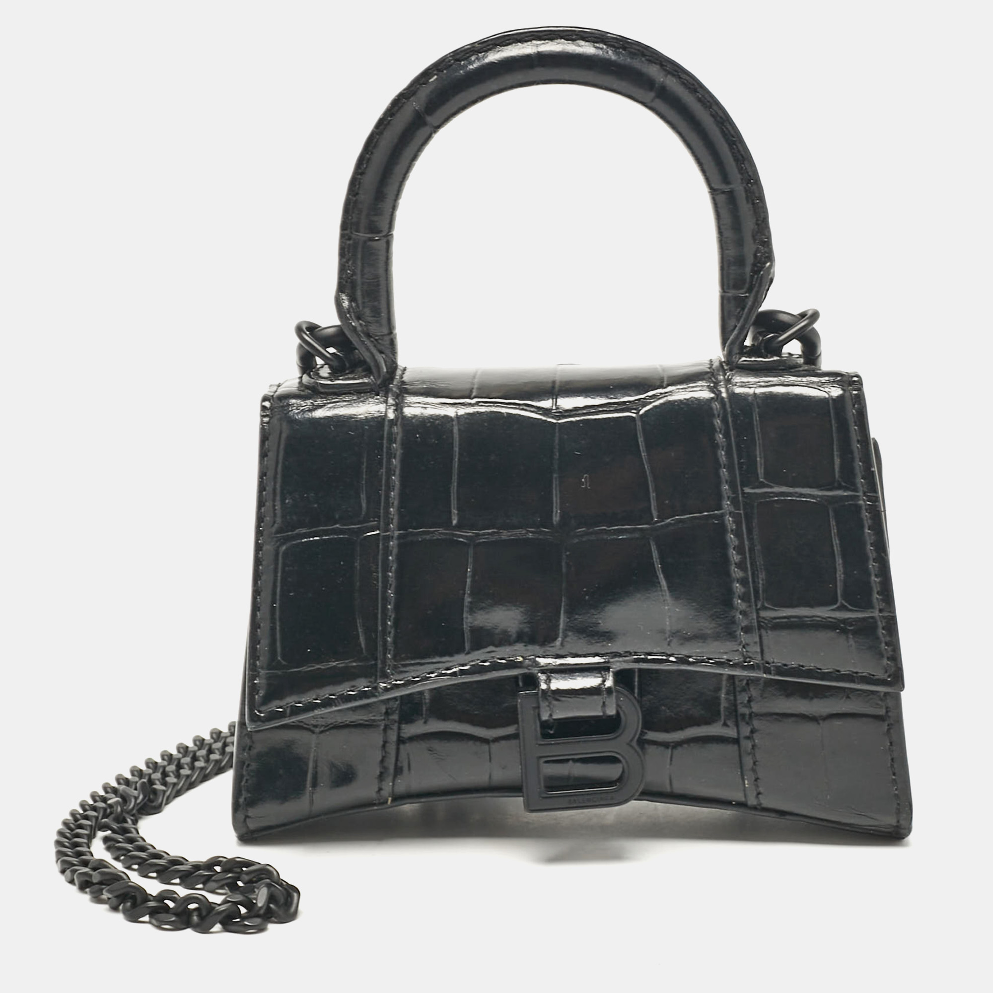 

Balenciaga Black Croc Embossed Leather Mini Chain Hourglass Bag