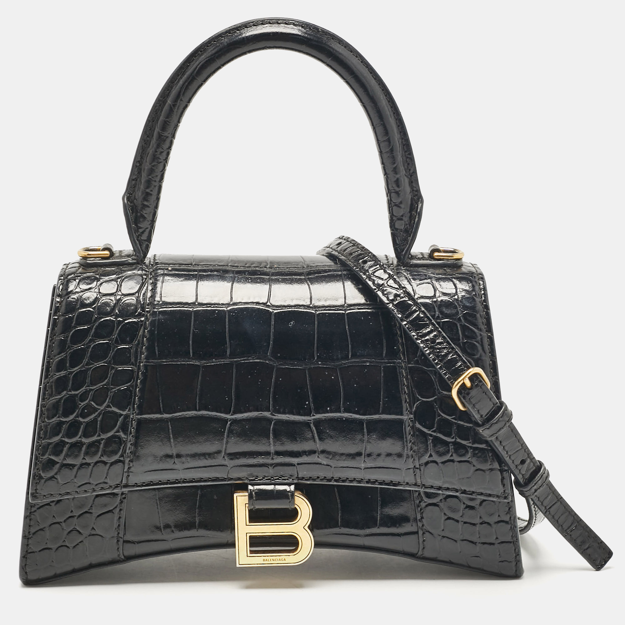 

Balenciaga Black Croc Embossed Leather  Hourglass Top Handle Bag